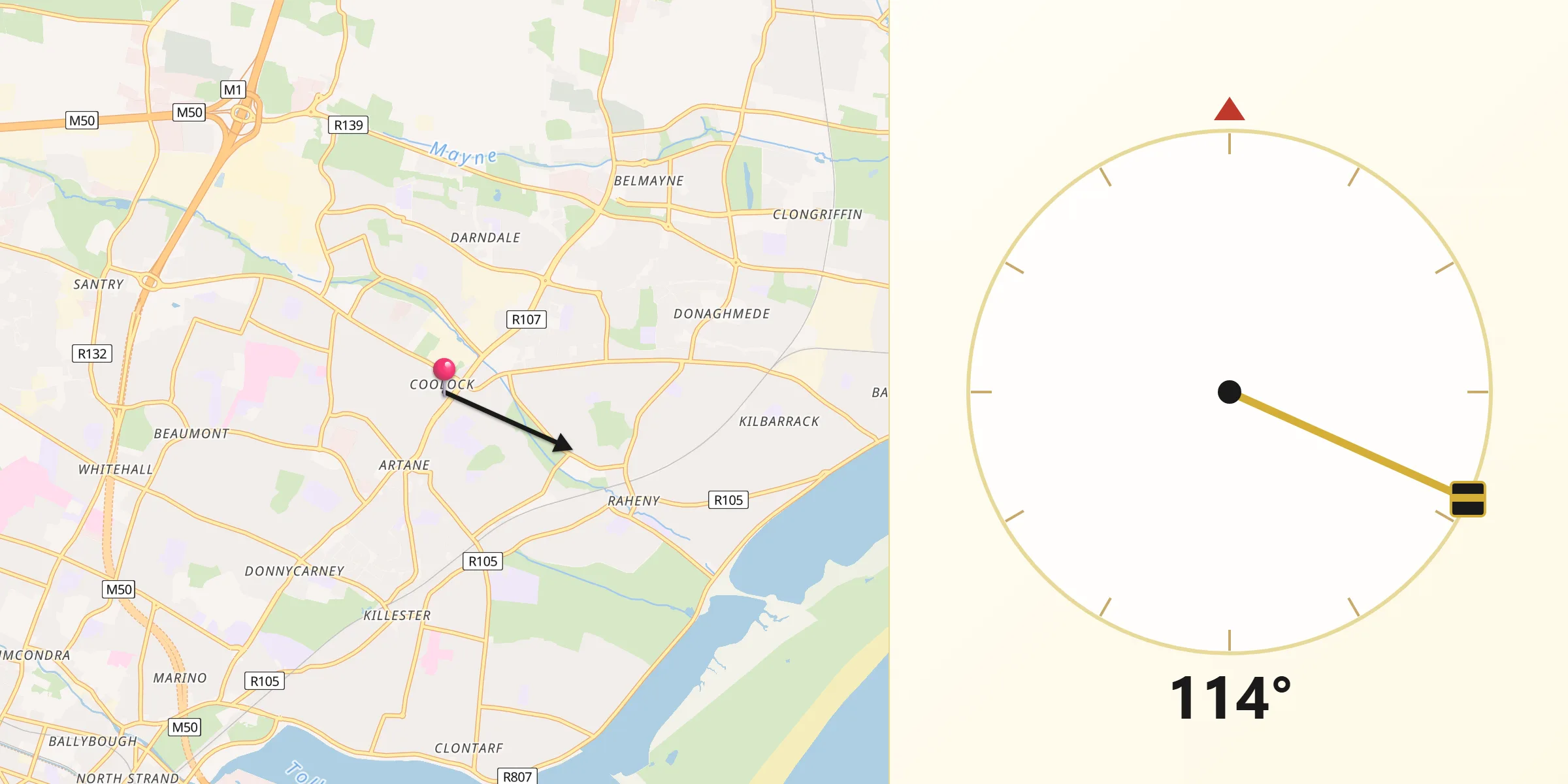Qibla Direction from Coolock