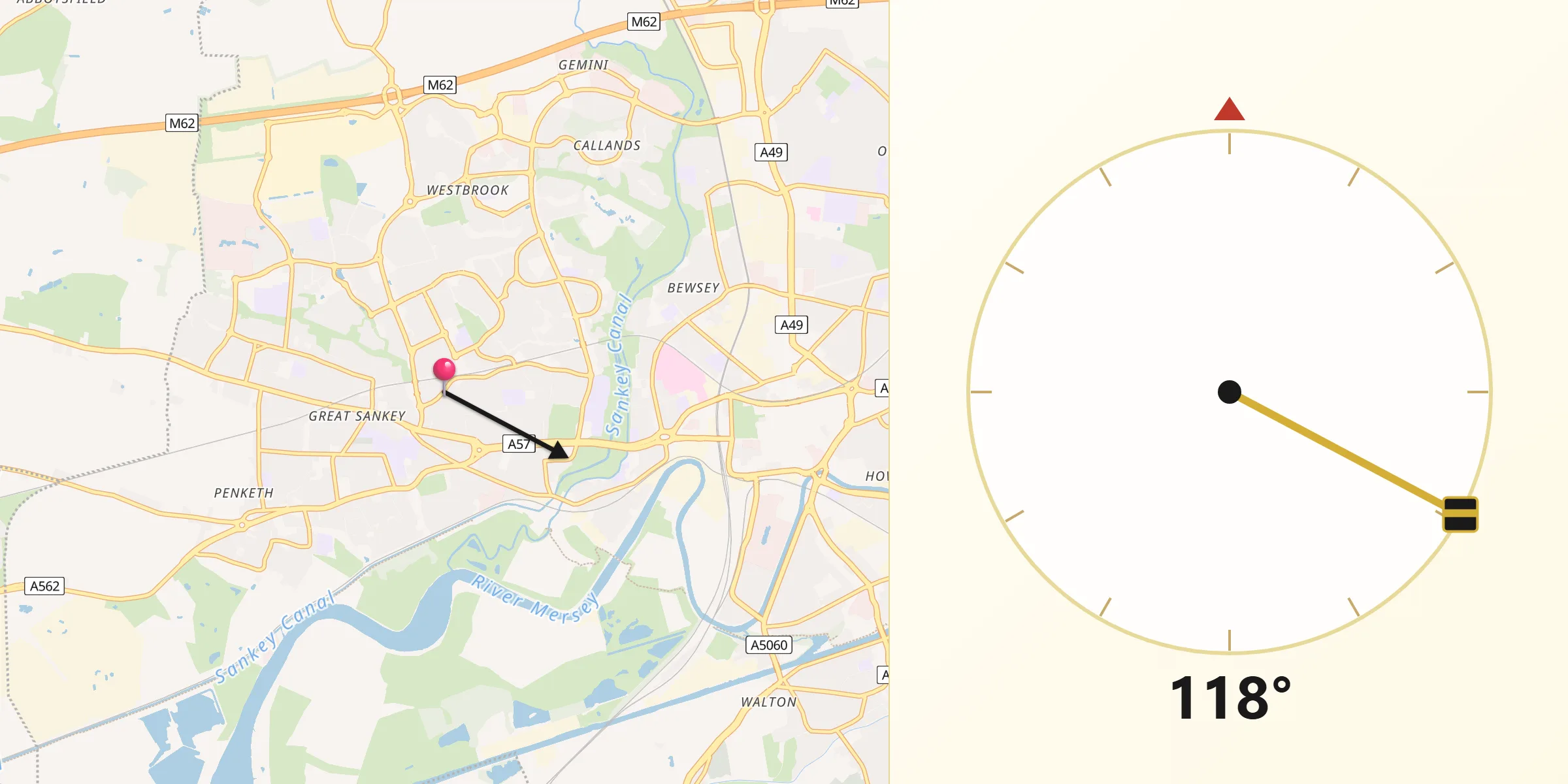 Qibla Direction from Great Sankey