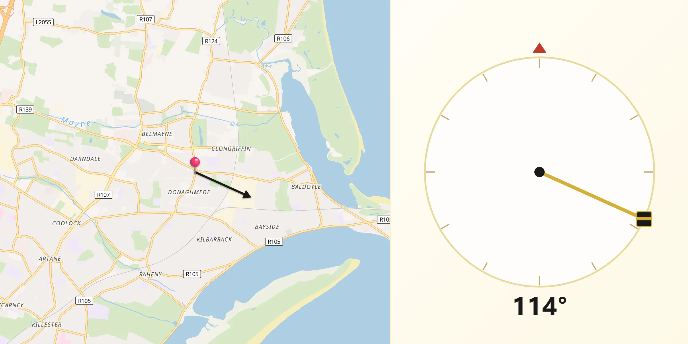 Qibla Direction from Donaghmede