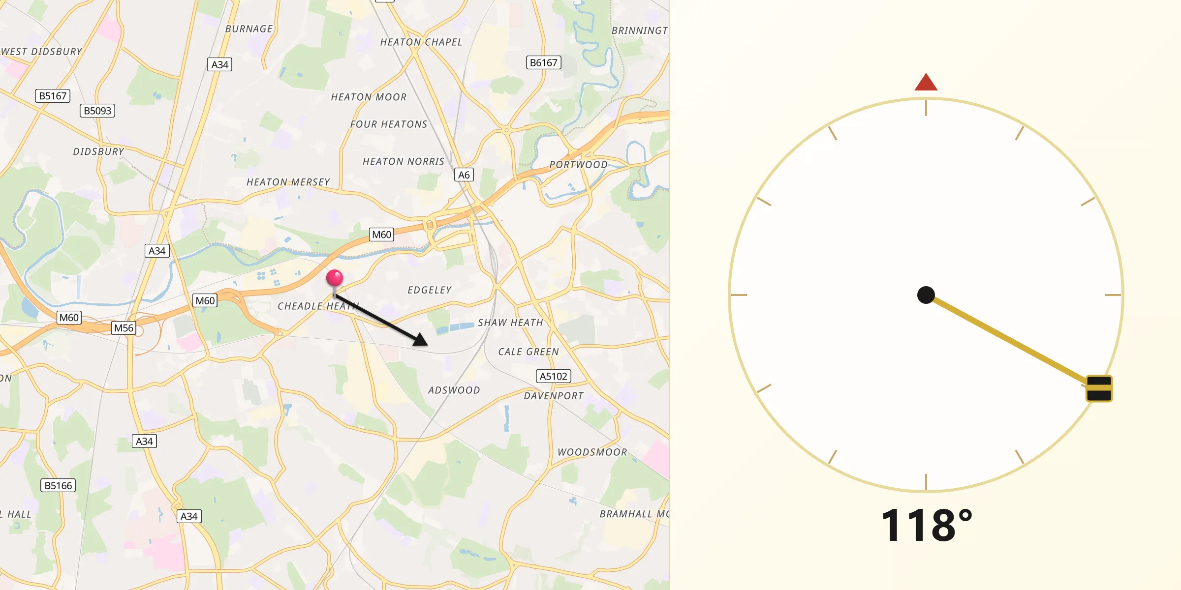 Qibla Direction from Cheadle Heath