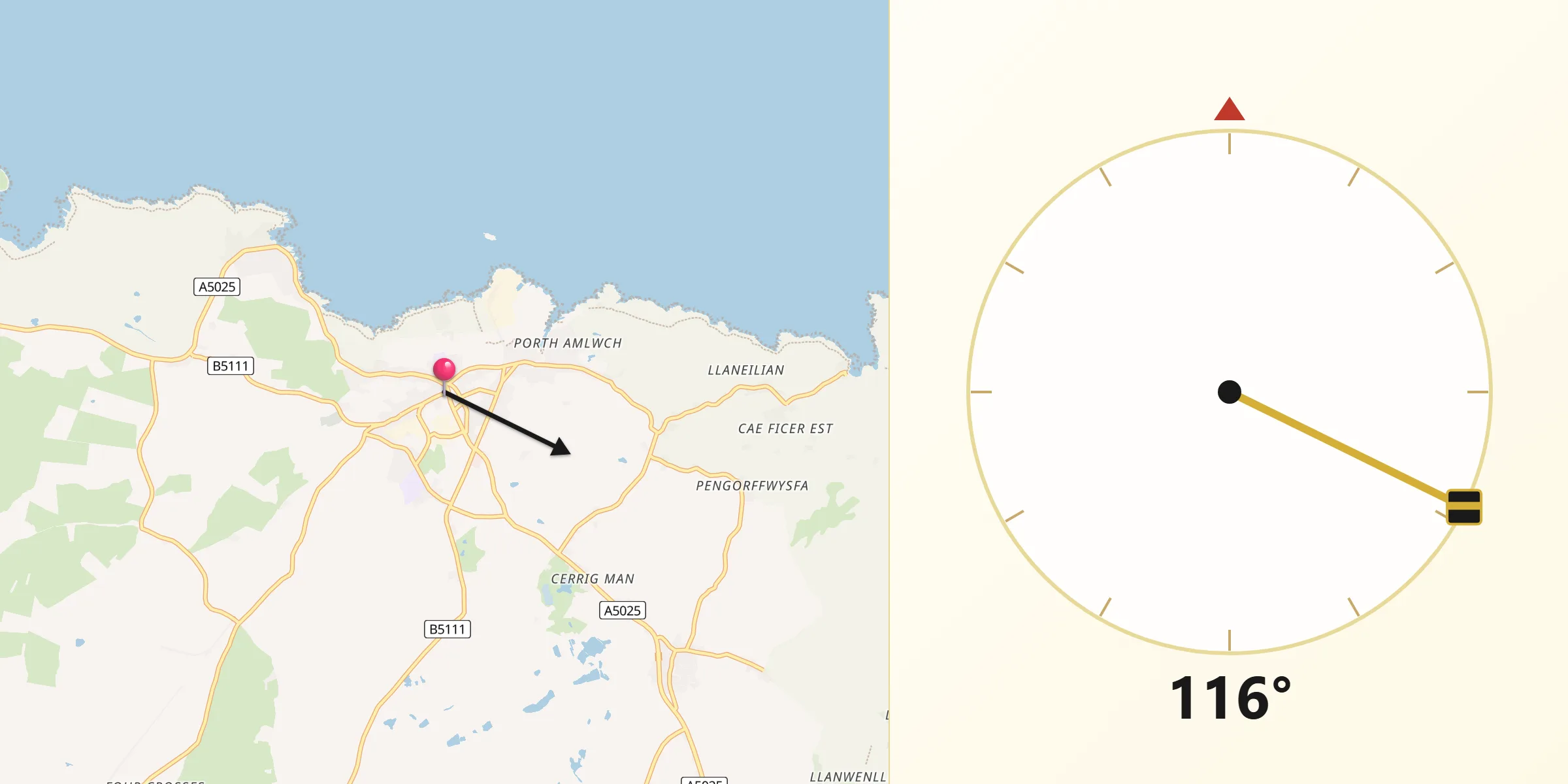 Qibla Direction from Amlwch