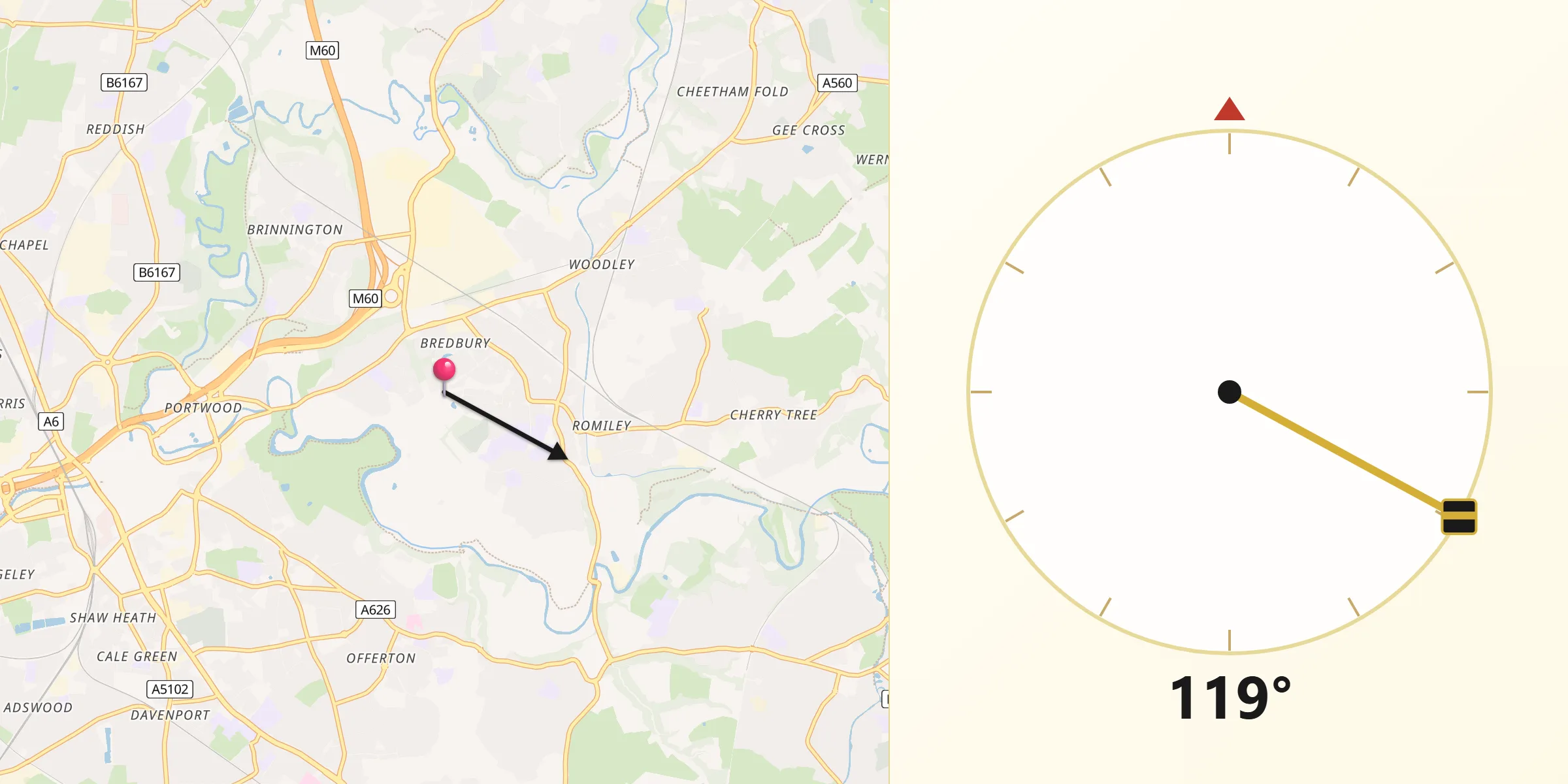 Qibla Direction from Bredbury