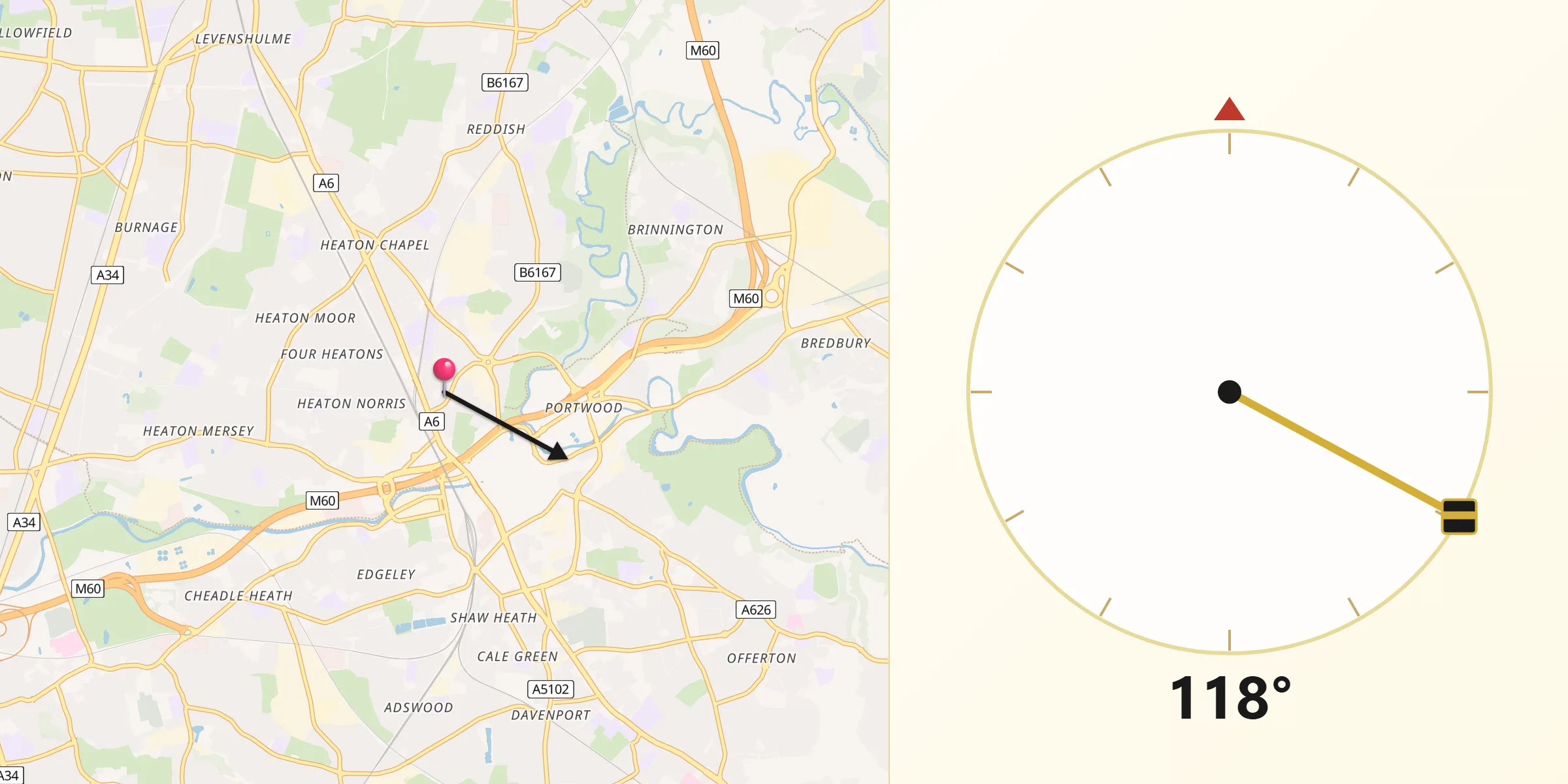 Qibla Direction from Borough of Stockport