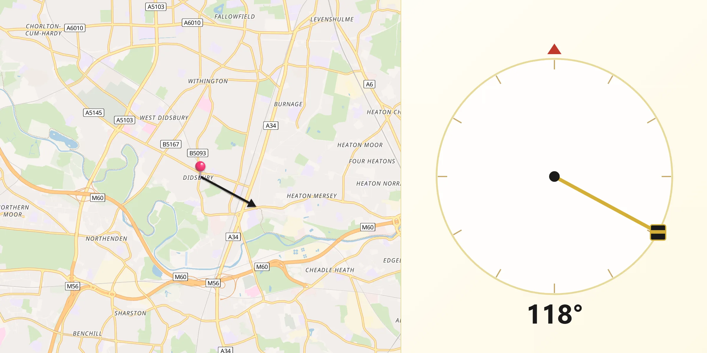 Qibla Direction from Didsbury
