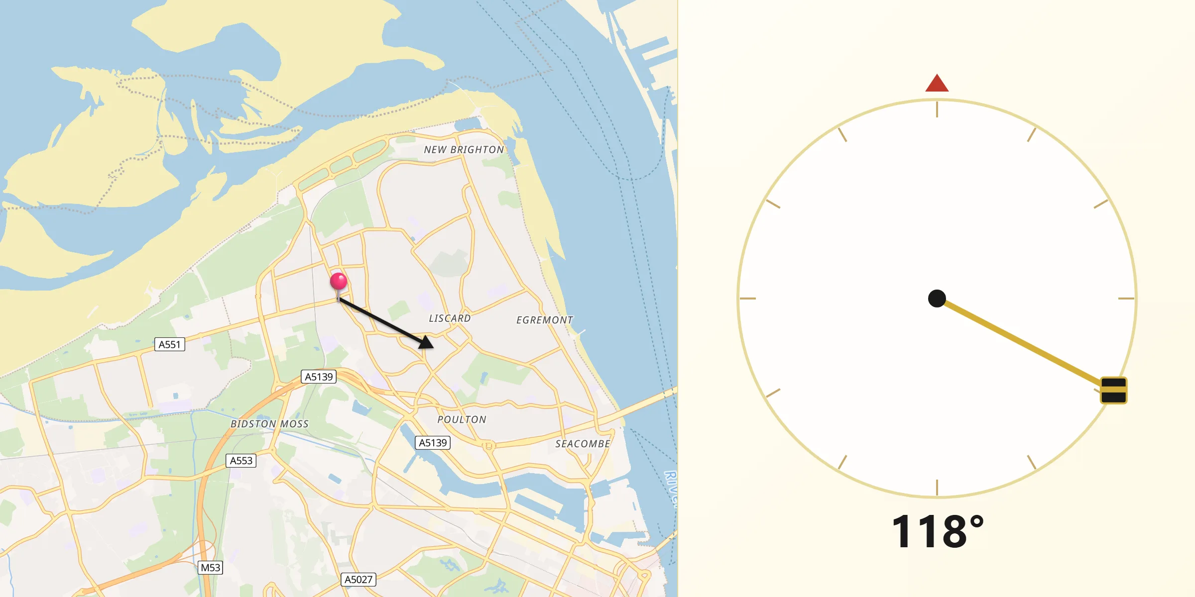 Qibla Direction from Wallasey