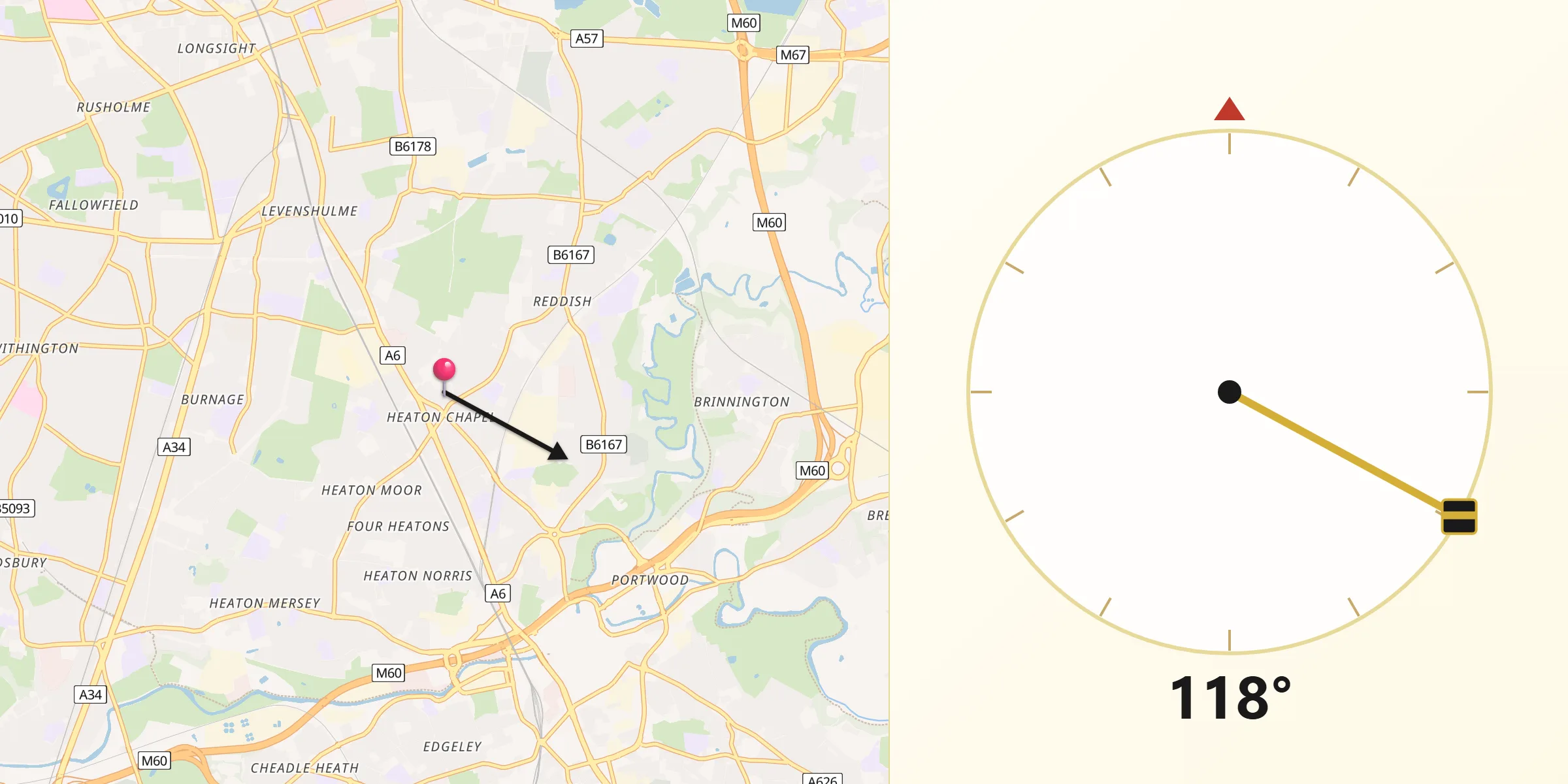 Qibla Direction from Heaton Chapel