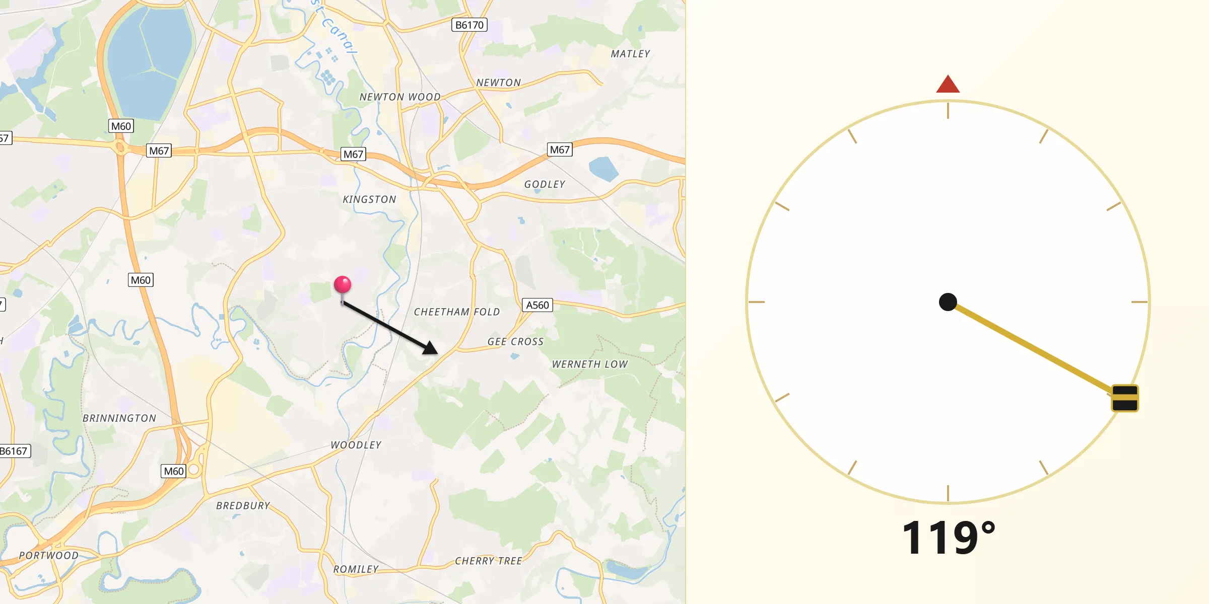 Qibla Direction from Haughton Green