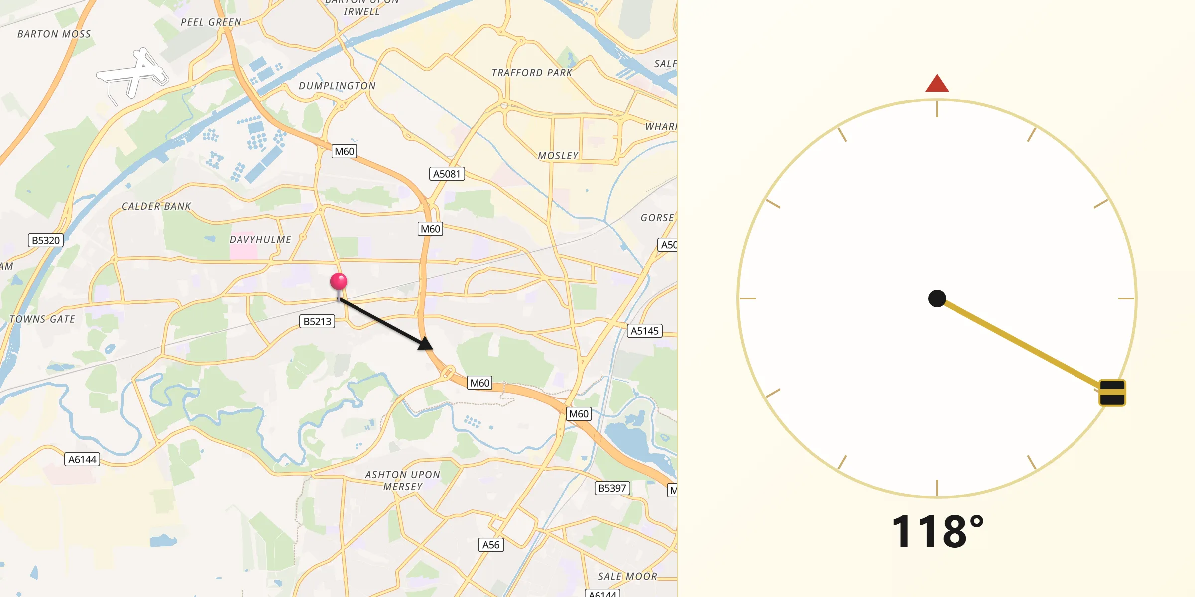 Qibla Direction from Urmston