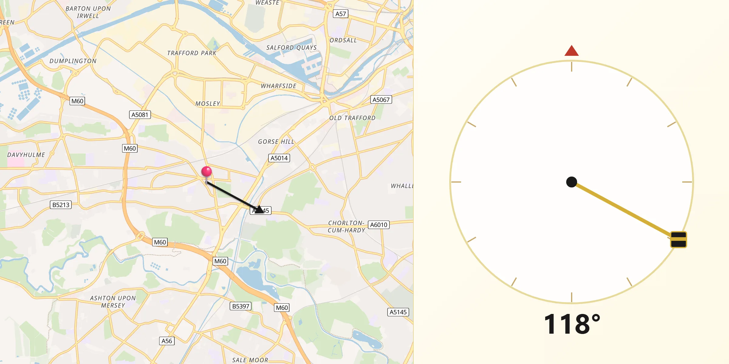 Qibla Direction from Stretford