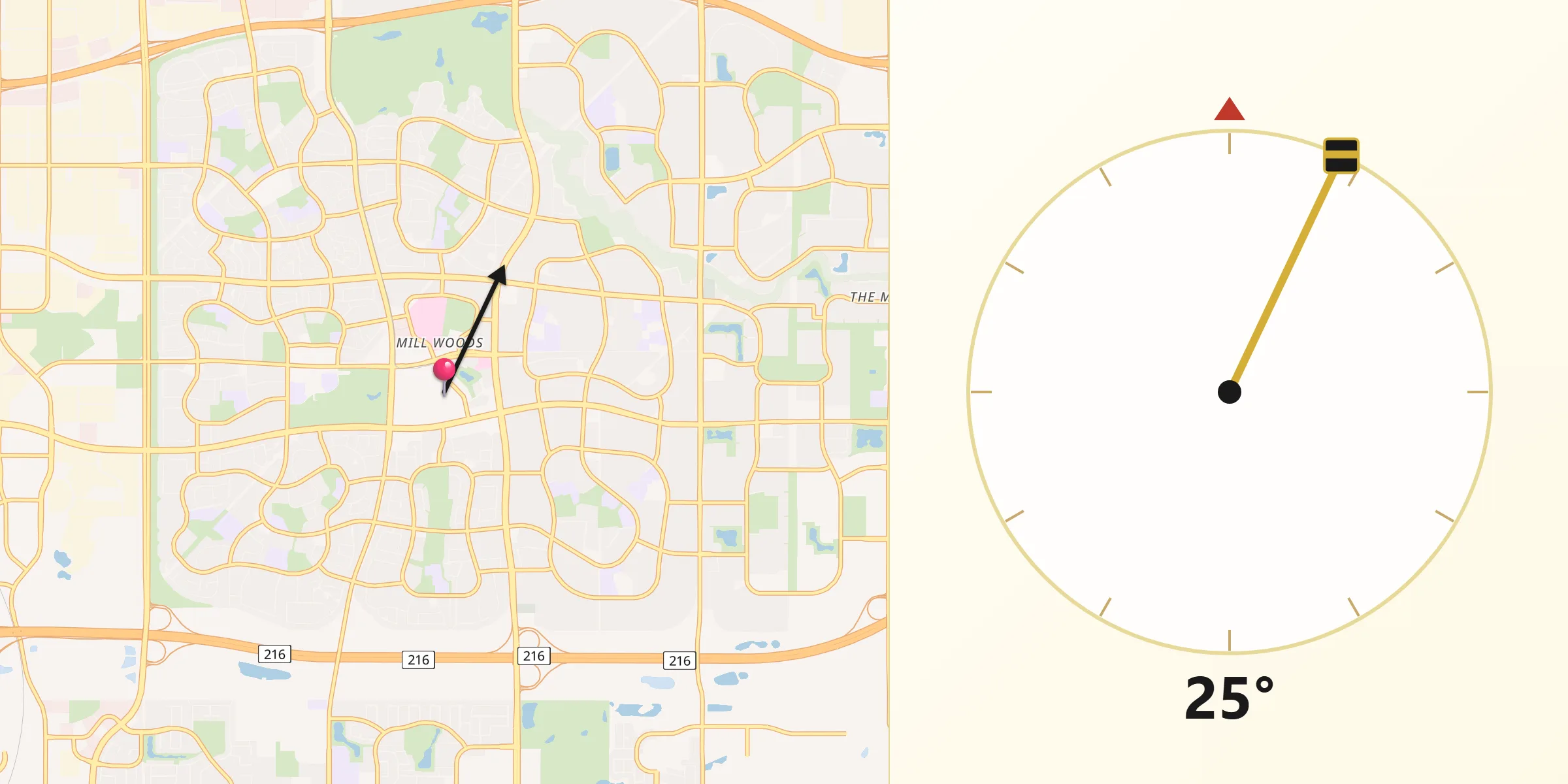 Qibla Direction from Mill Woods Town Centre