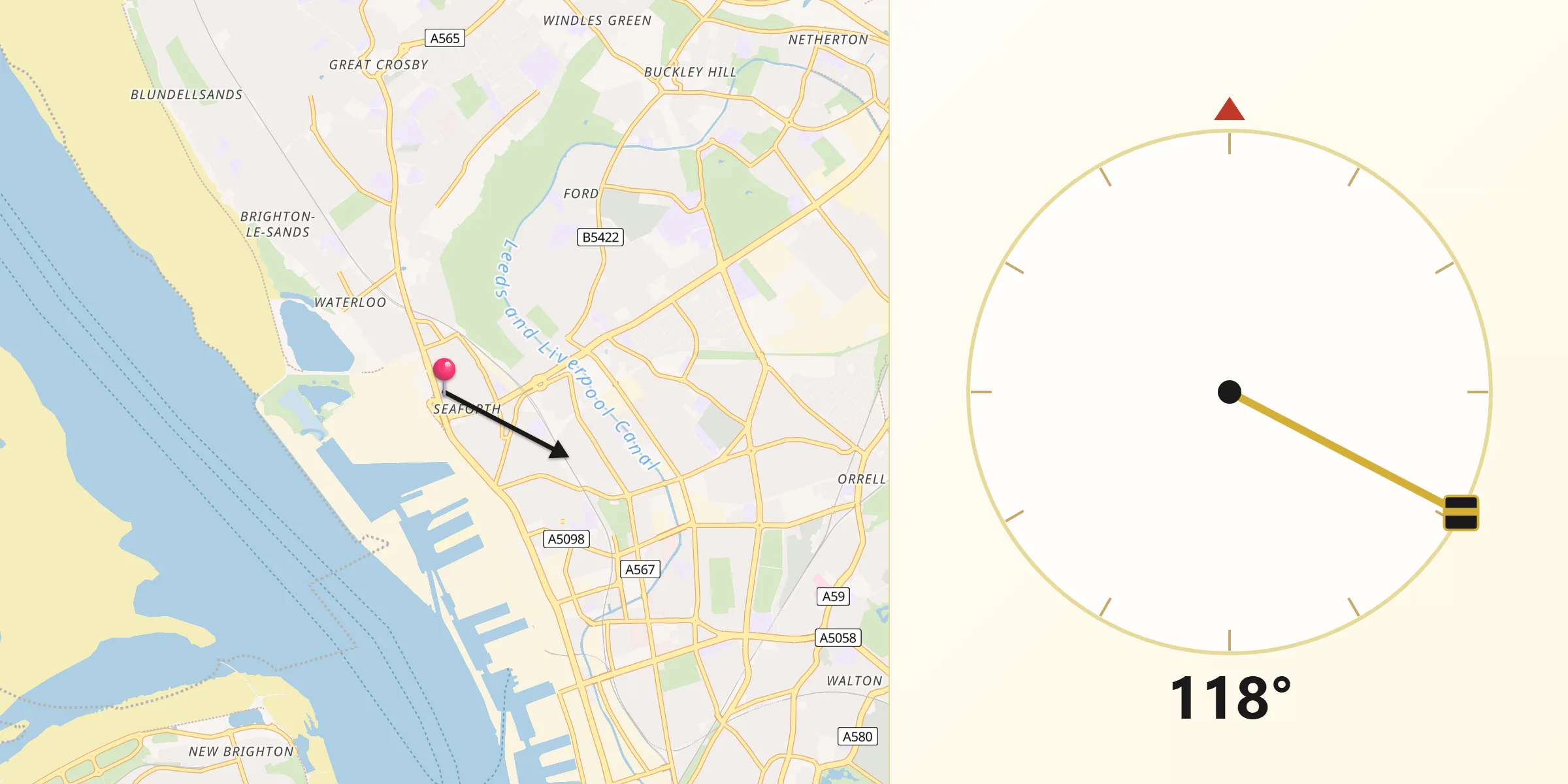Qibla Direction from Bootle