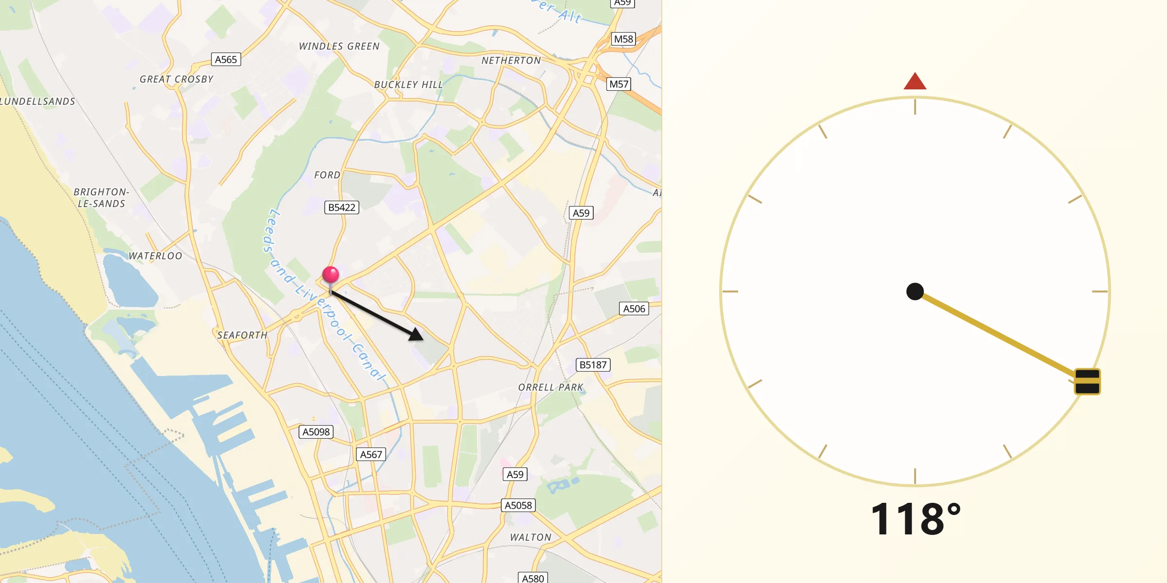Qibla Direction from Litherland