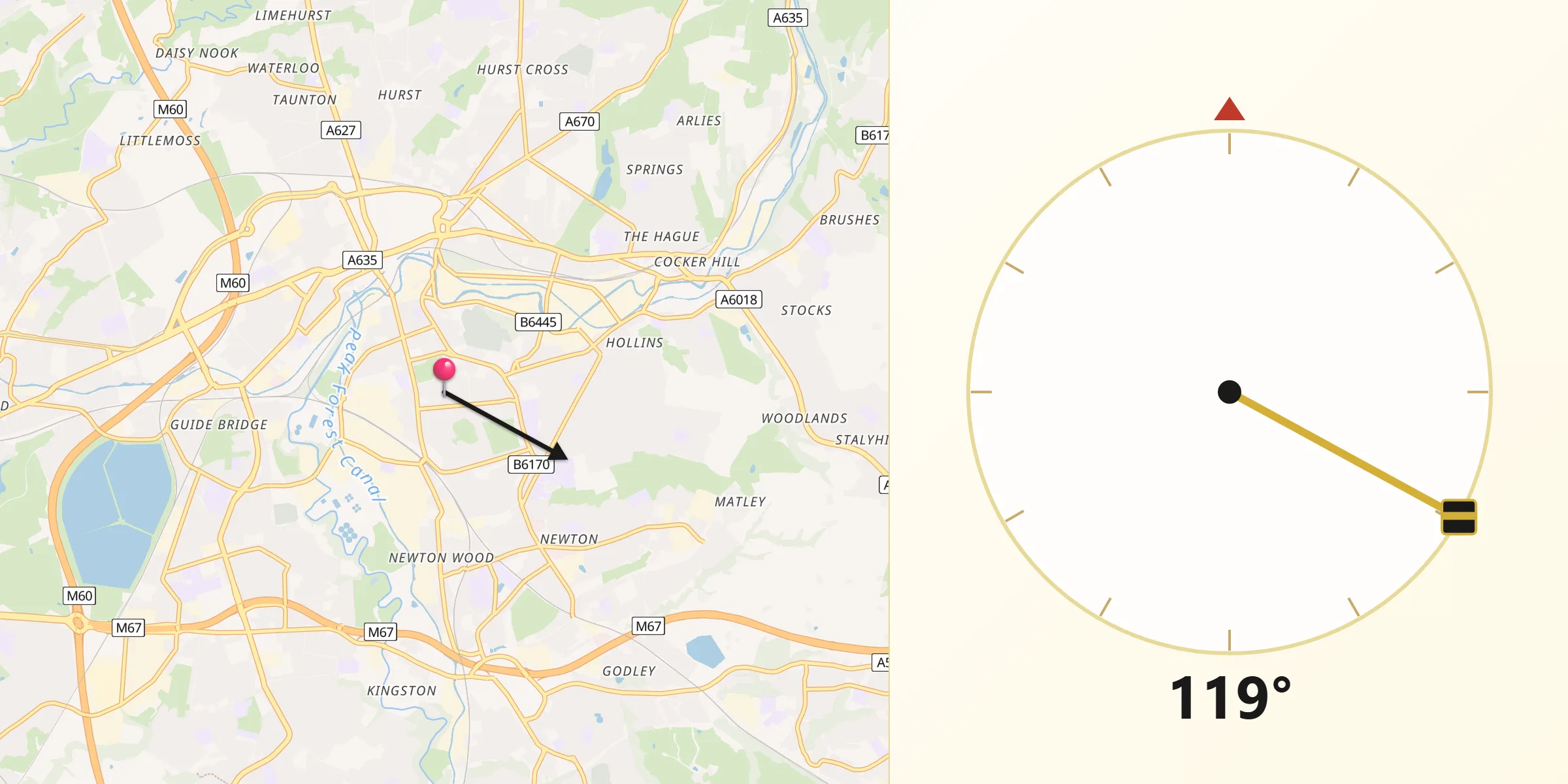Qibla Direction from Dukinfield