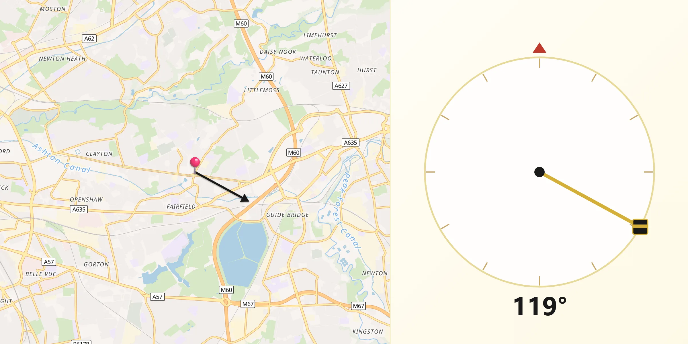Qibla Direction from Droylsden