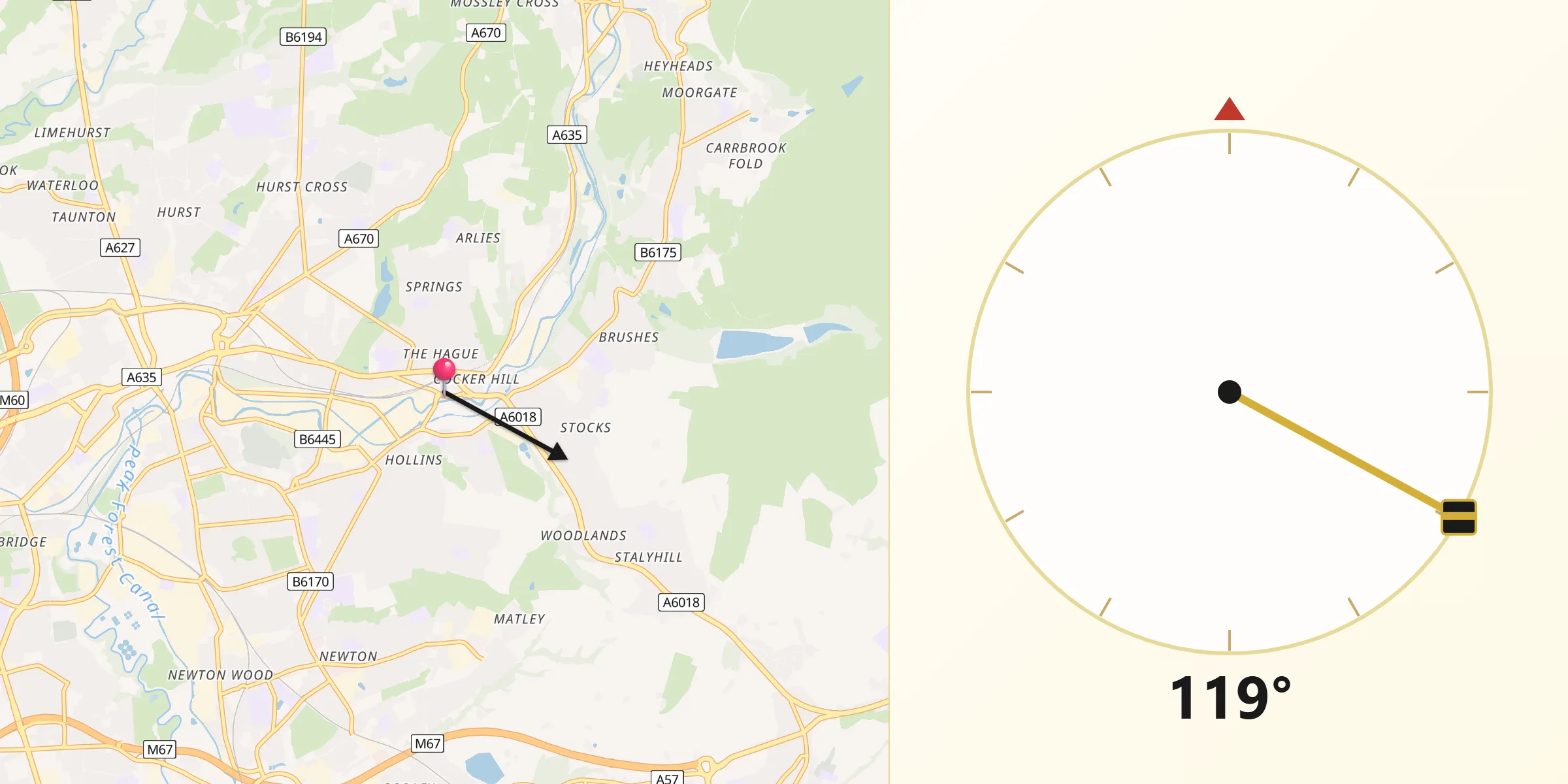 Qibla Direction from Stalybridge