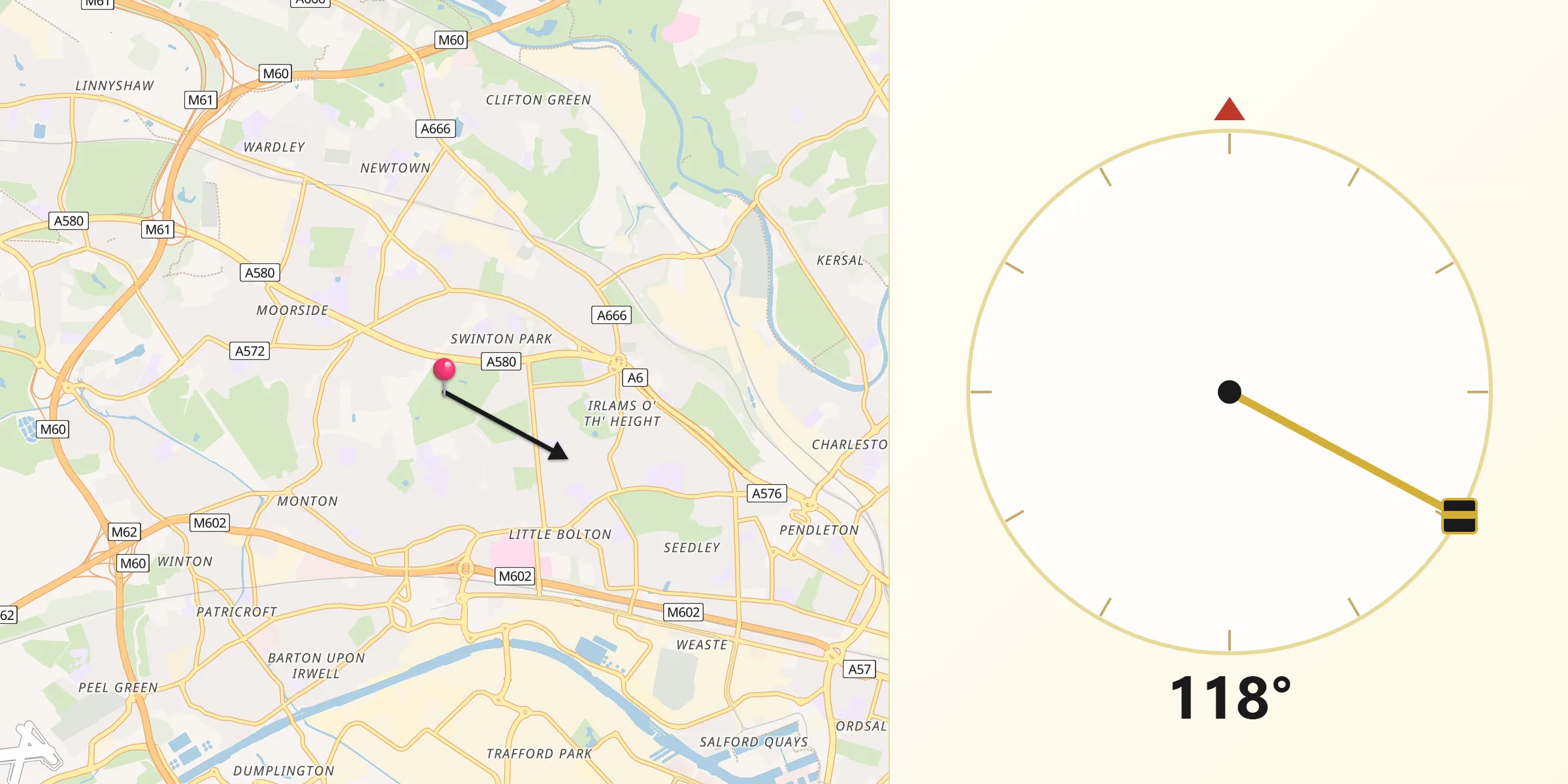 Qibla Direction from City and Borough of Salford