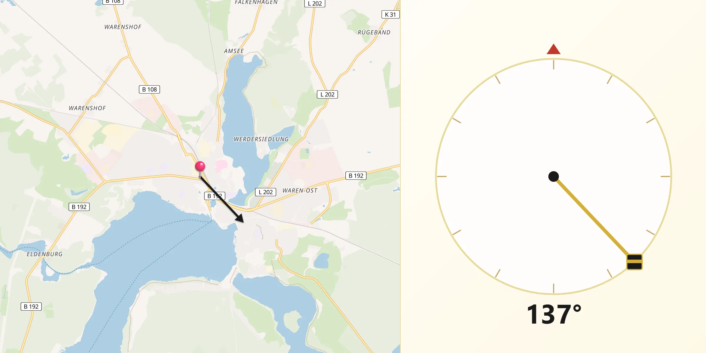 Qibla-Richtung von Waren (Müritz)