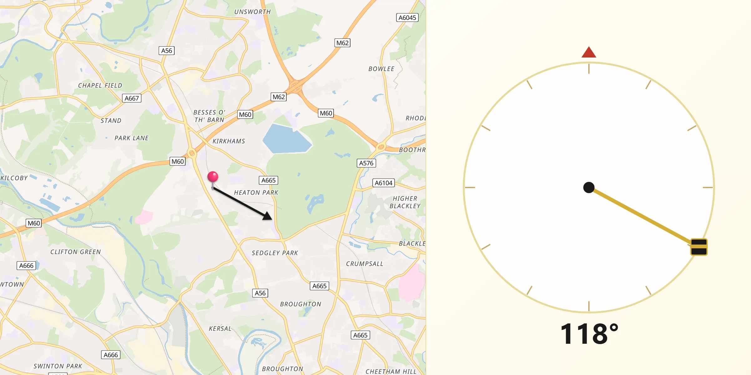Qibla Direction from Prestwich