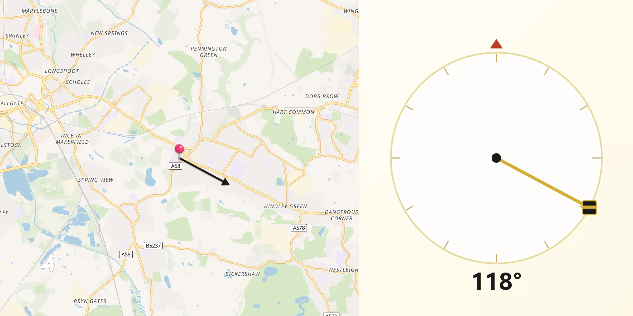 Qibla Direction from Hindley