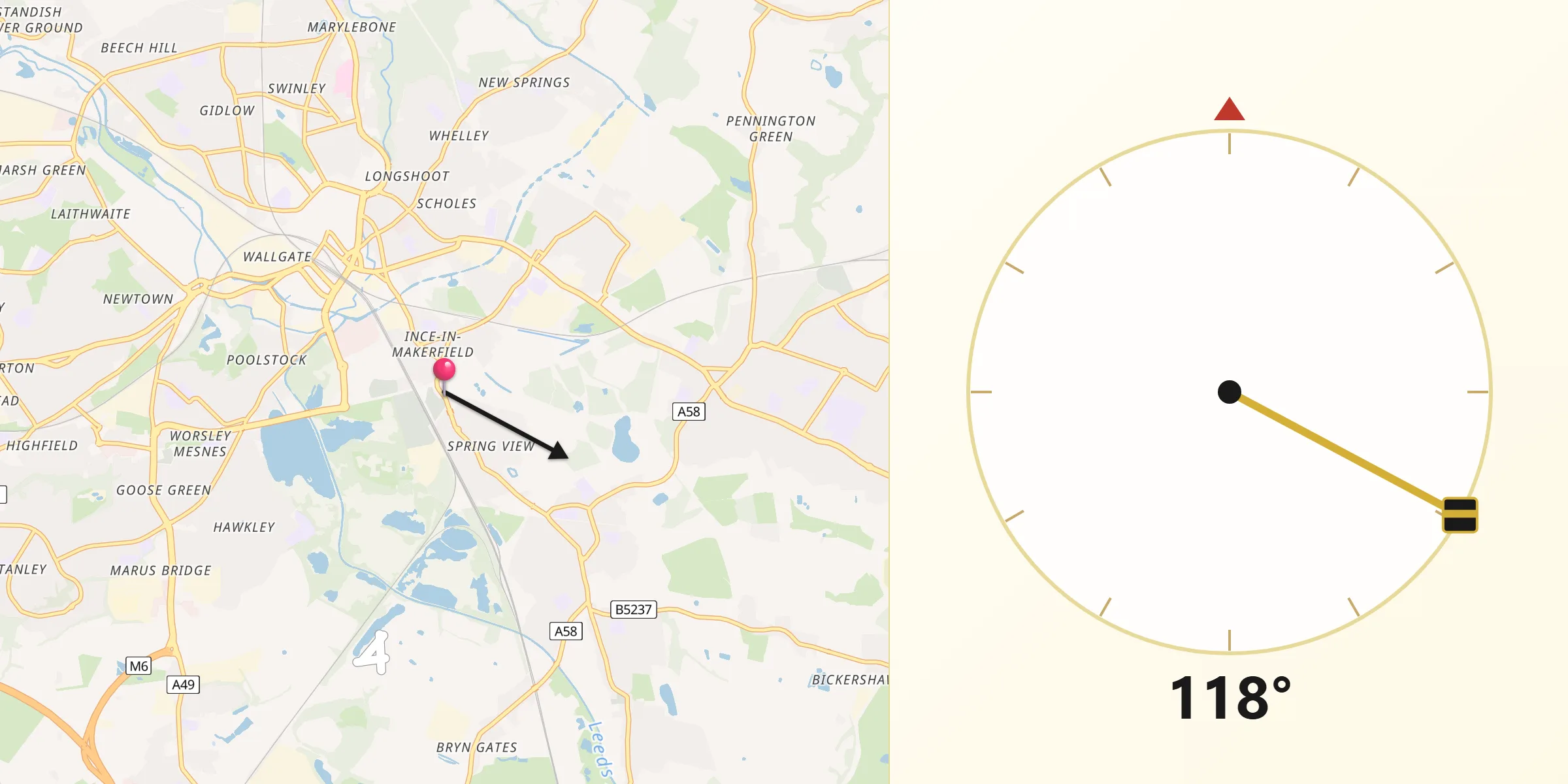 Qibla Direction from Ince-in-Makerfield