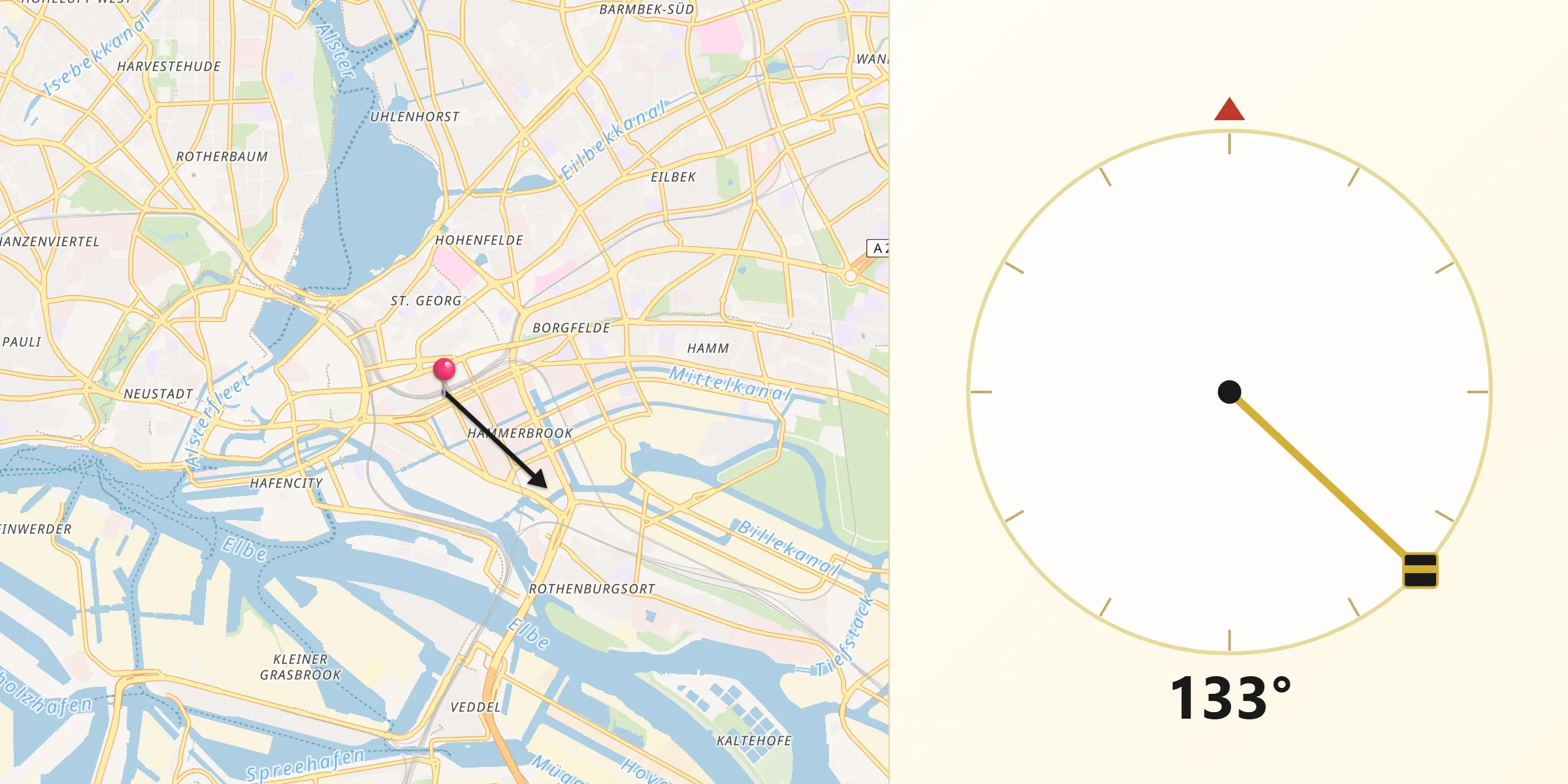 Направление Киблы из Hamburg-Mitte