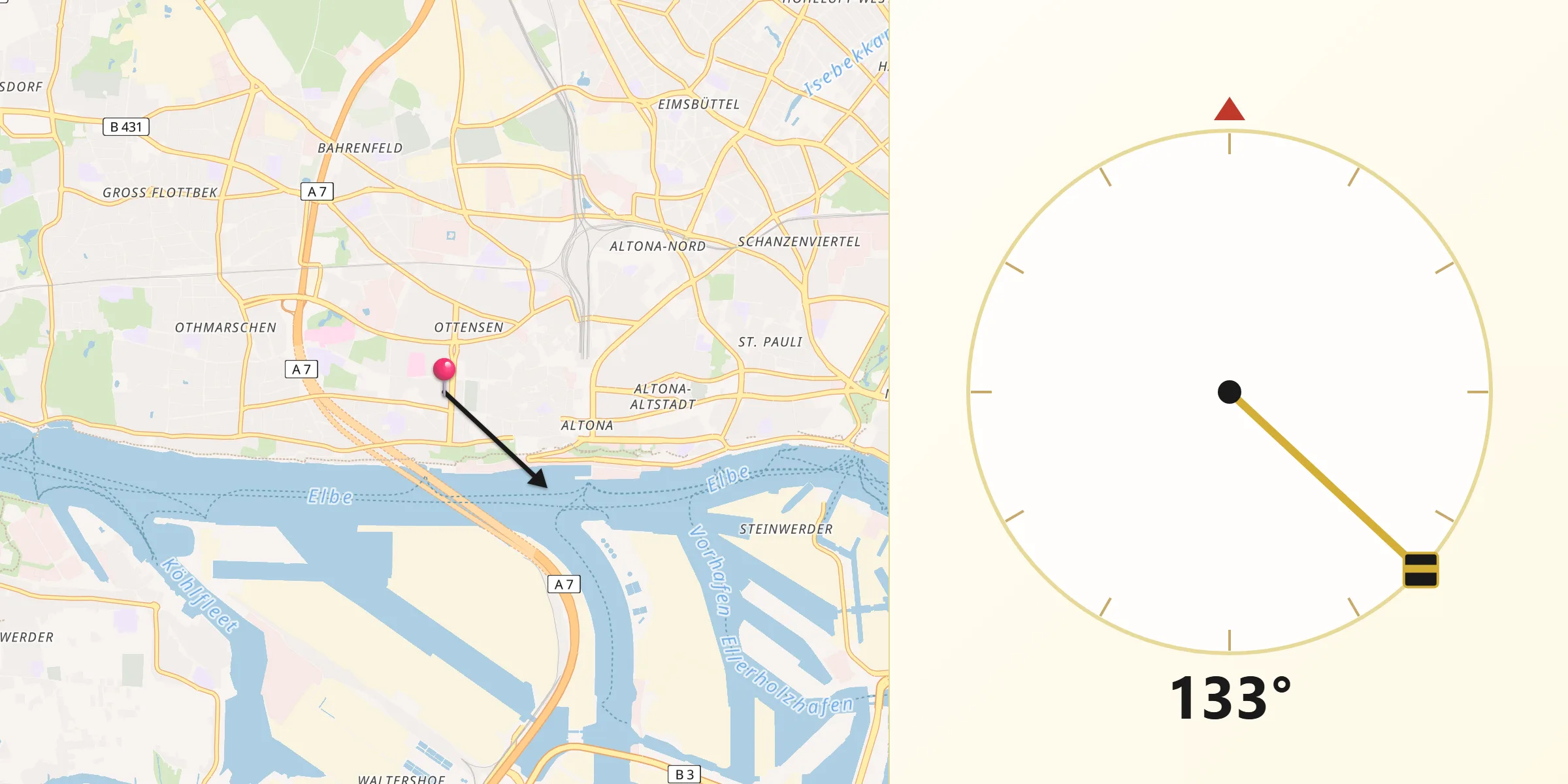 Qibla-Richtung von Hamburg-Ottensen