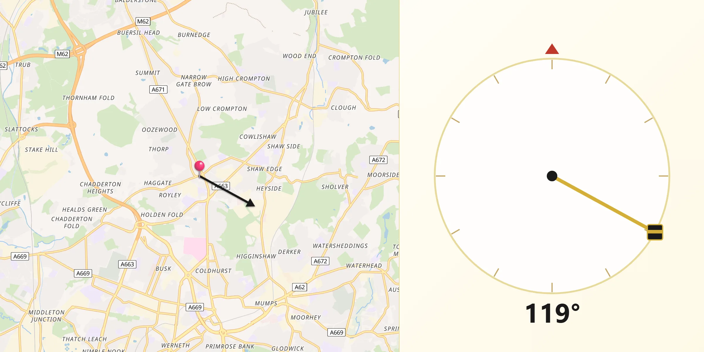 Qibla Direction from Royton