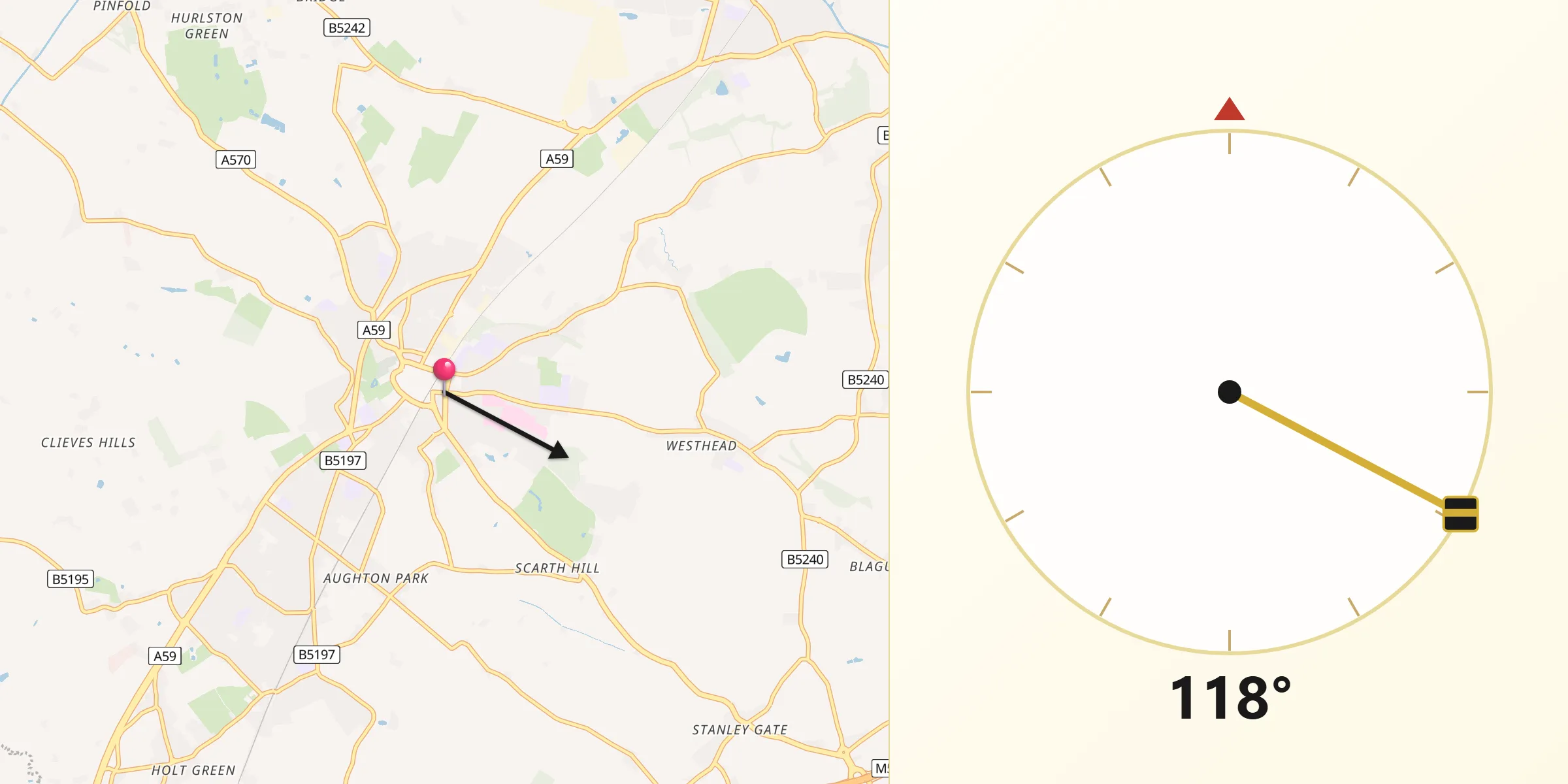 Qibla Direction from Ormskirk