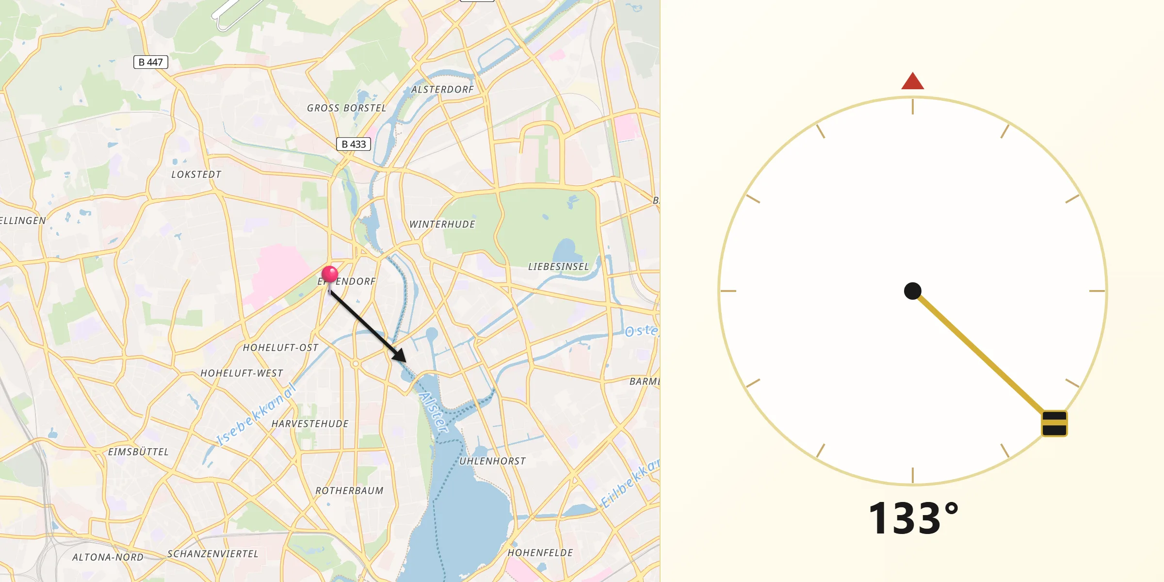 Направление Киблы из Hamburg-Nord