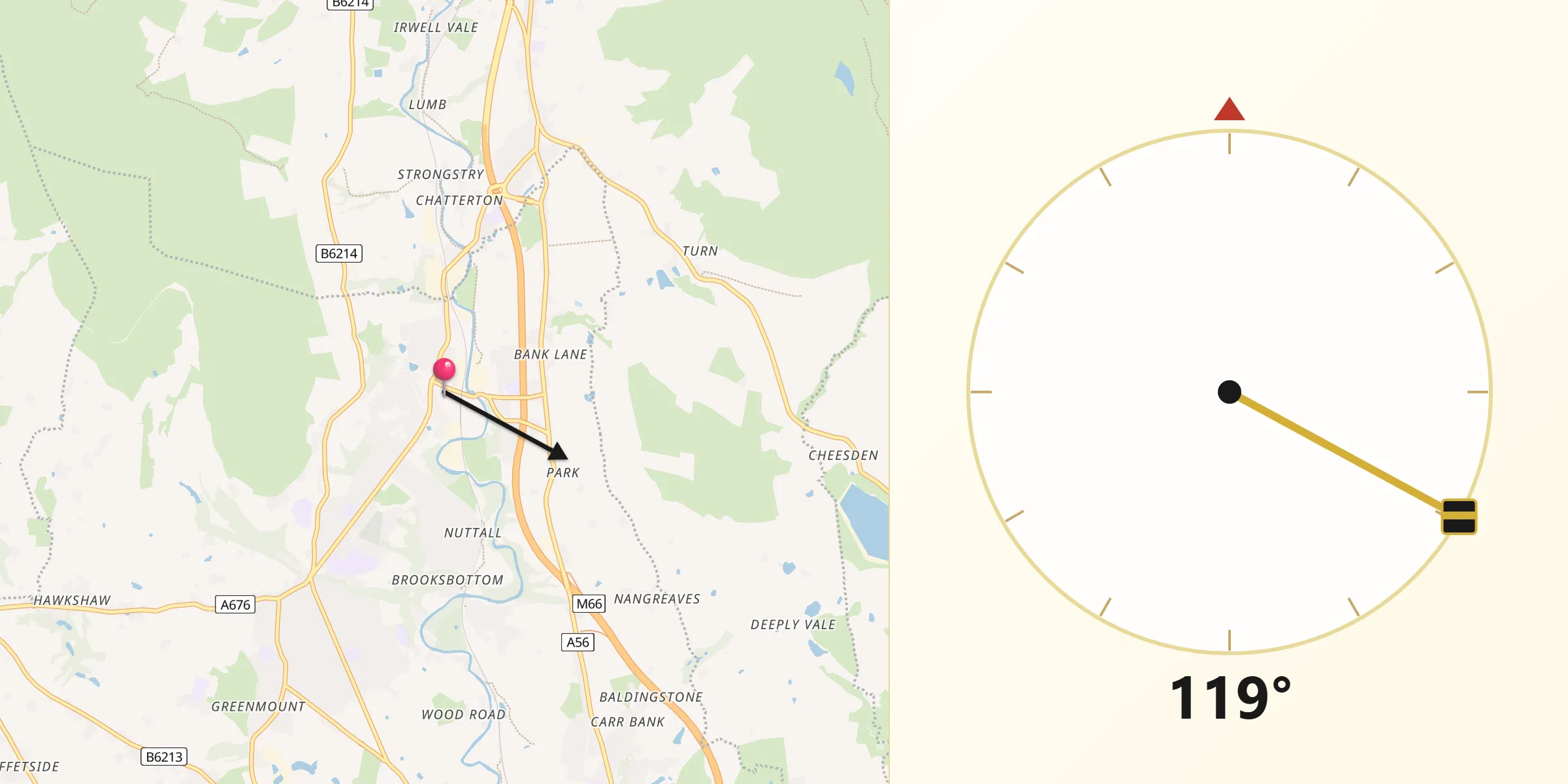 Qibla Direction from Ramsbottom
