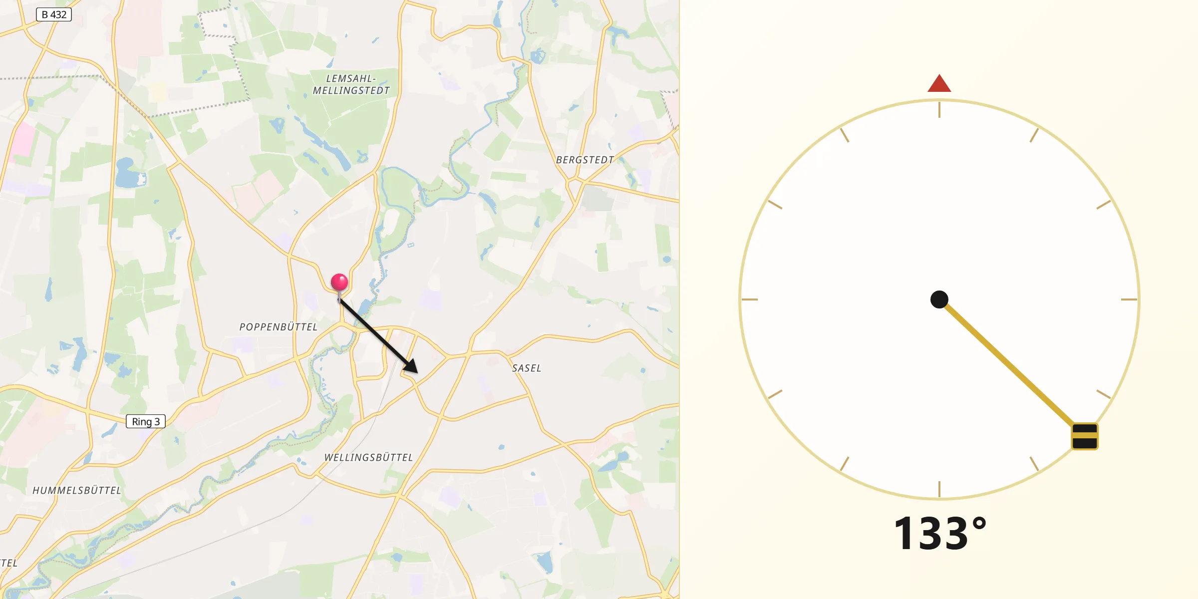 Qibla-Richtung von Hamburg-Poppenbüttel