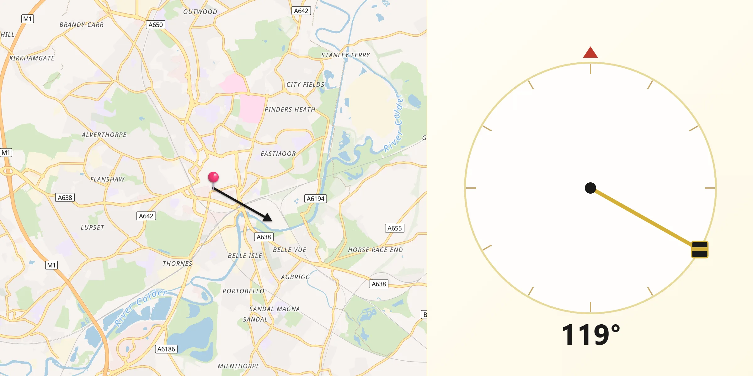 Qibla Direction from City and Borough of Wakefield