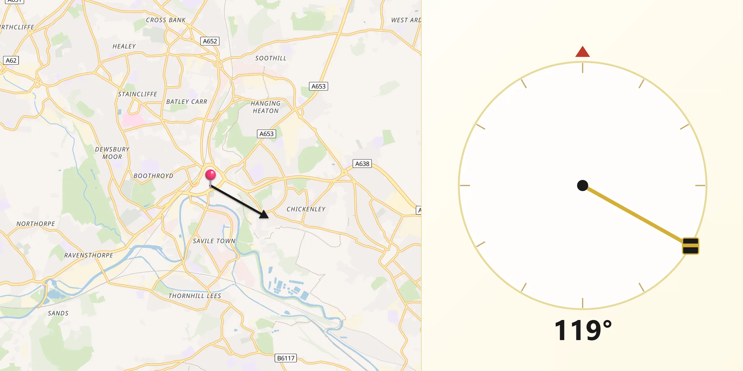 Qibla Direction from Dewsbury