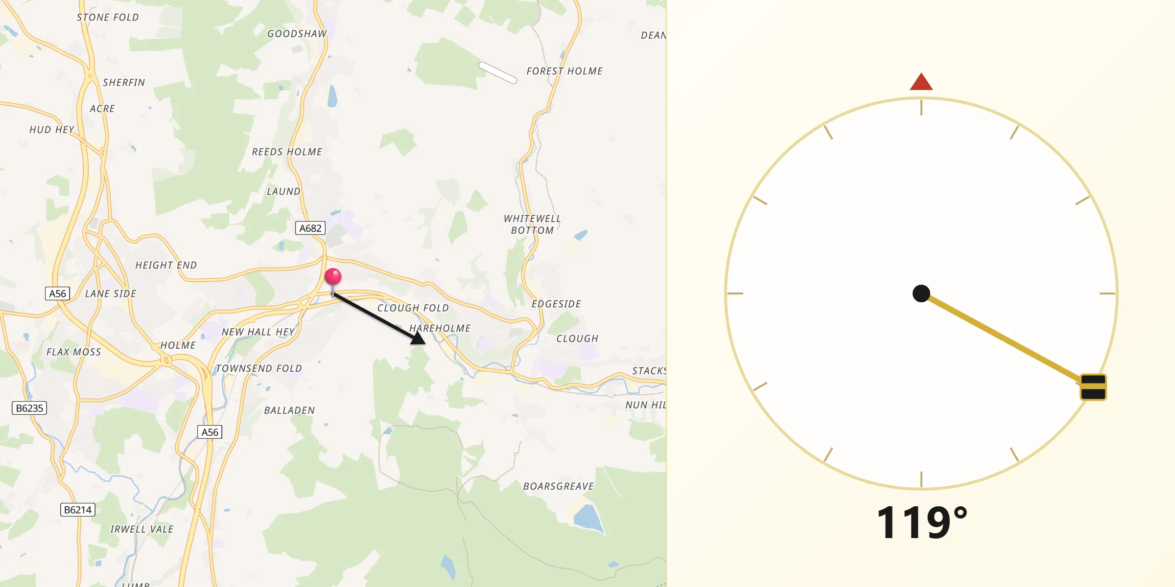 Qibla Direction from Rawtenstall