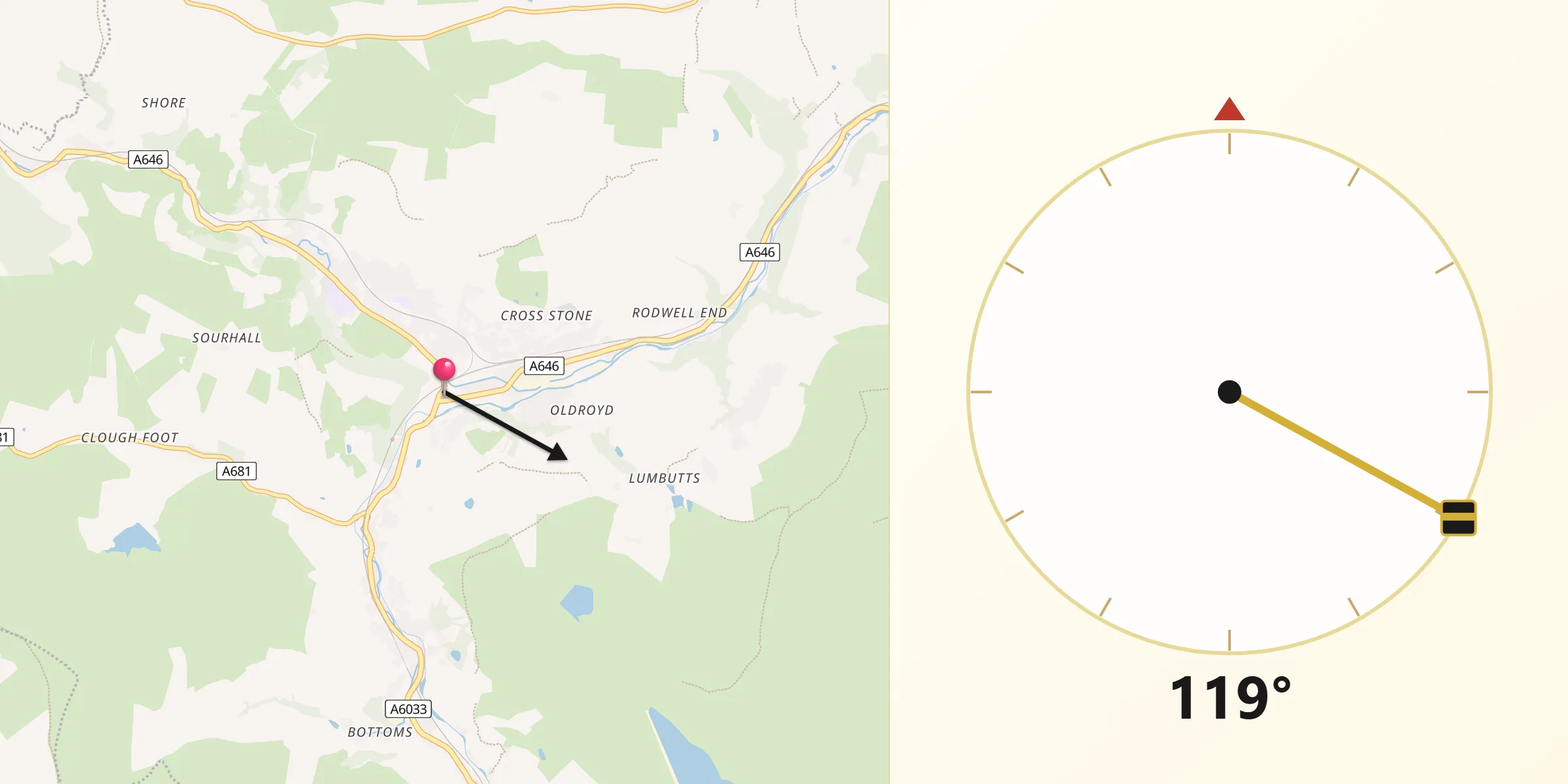 Qibla Direction from Todmorden