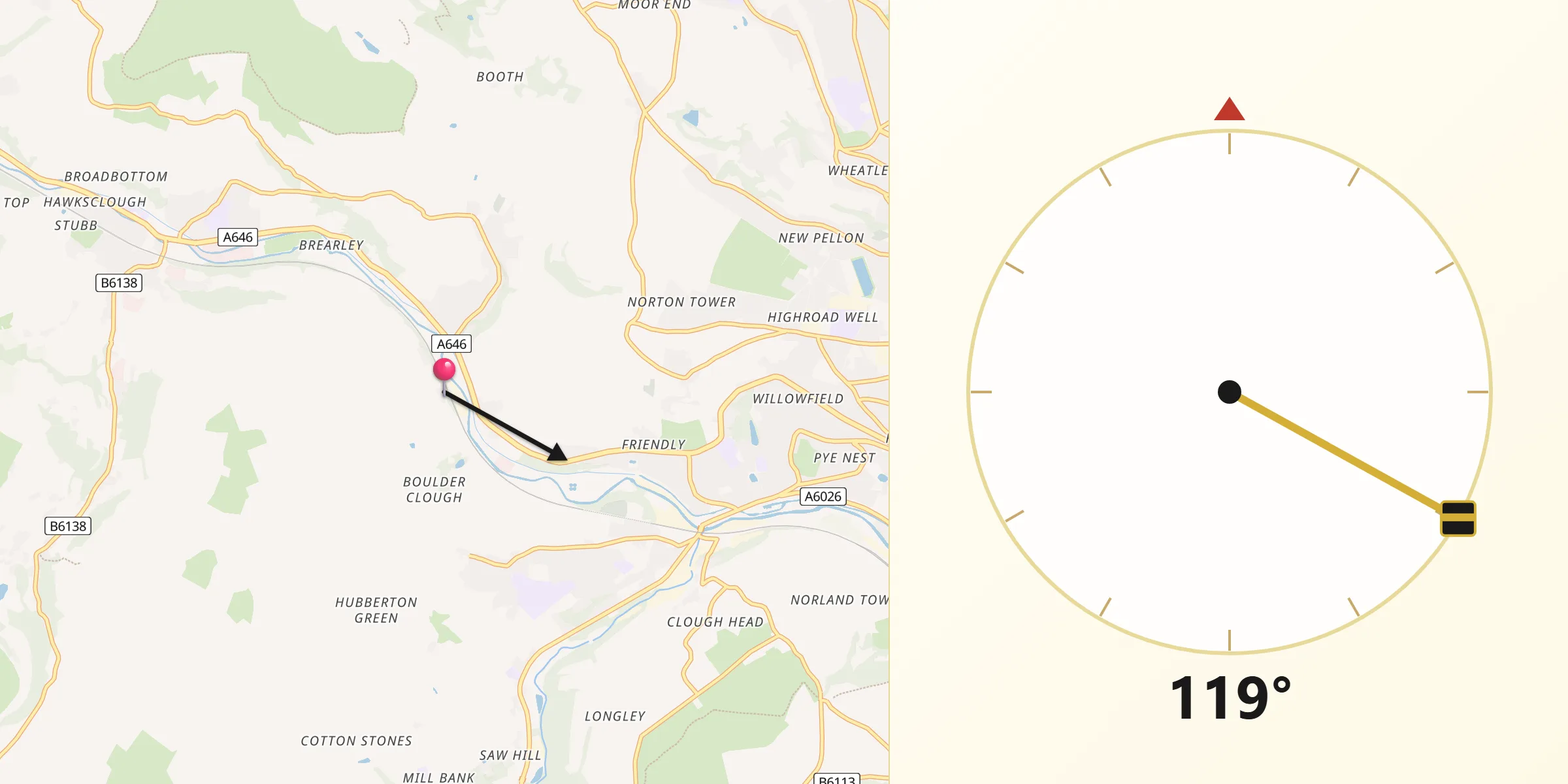 Qibla Direction from Luddenden Foot