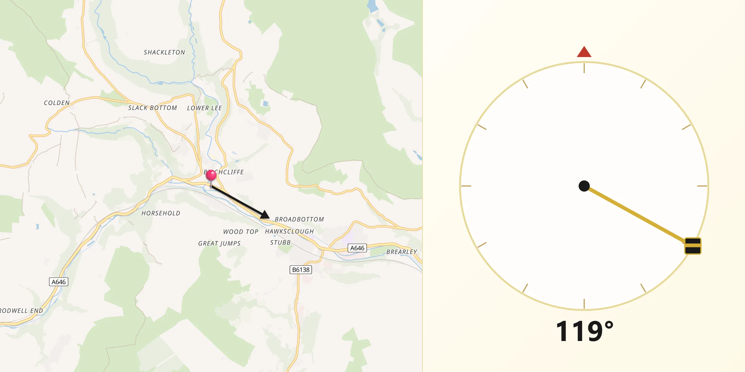 Qibla Direction from Hebden Bridge