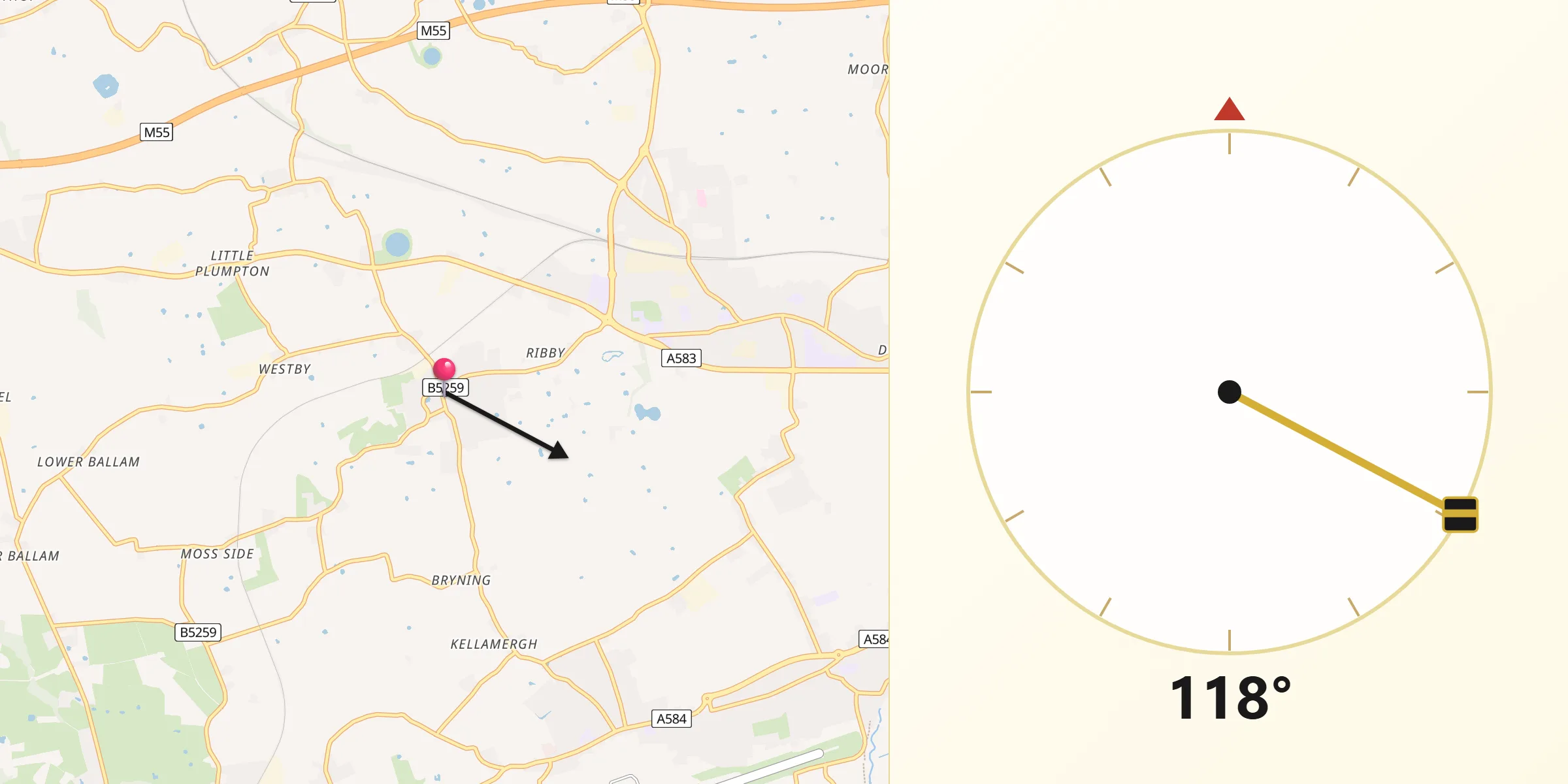 Qibla Direction from Wrea Green