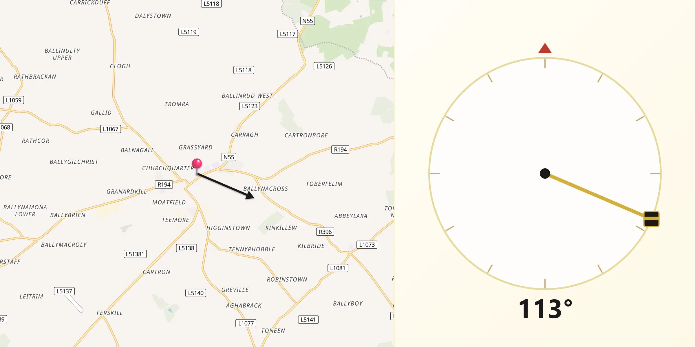 Qibla Direction from Granard