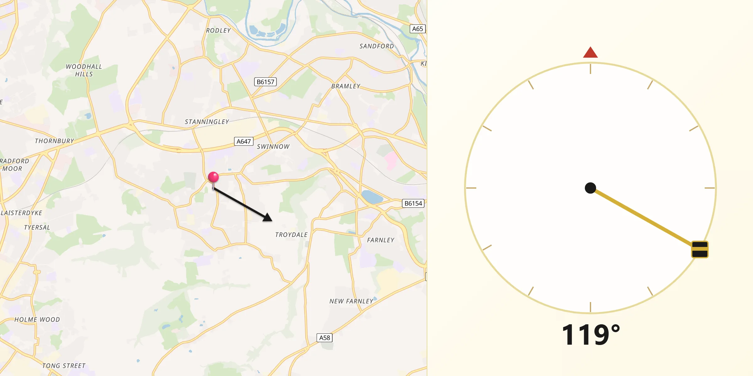 Qibla Direction from Pudsey