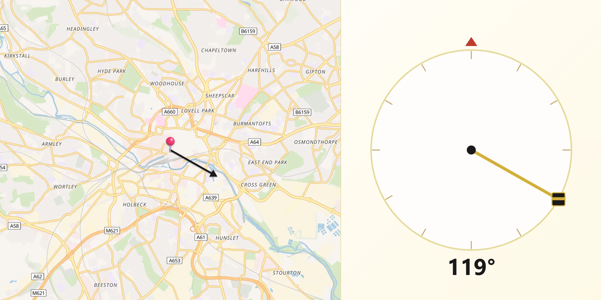 Qibla Direction from City and Borough of Leeds