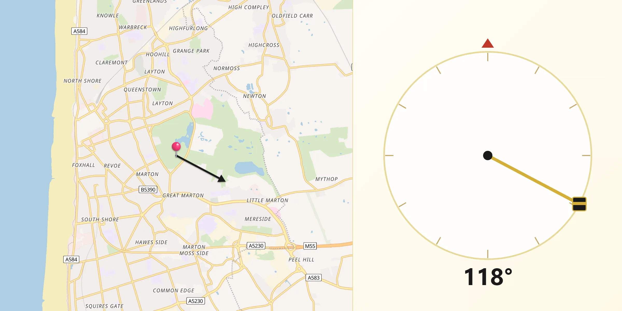 Qibla Direction from Great Marton