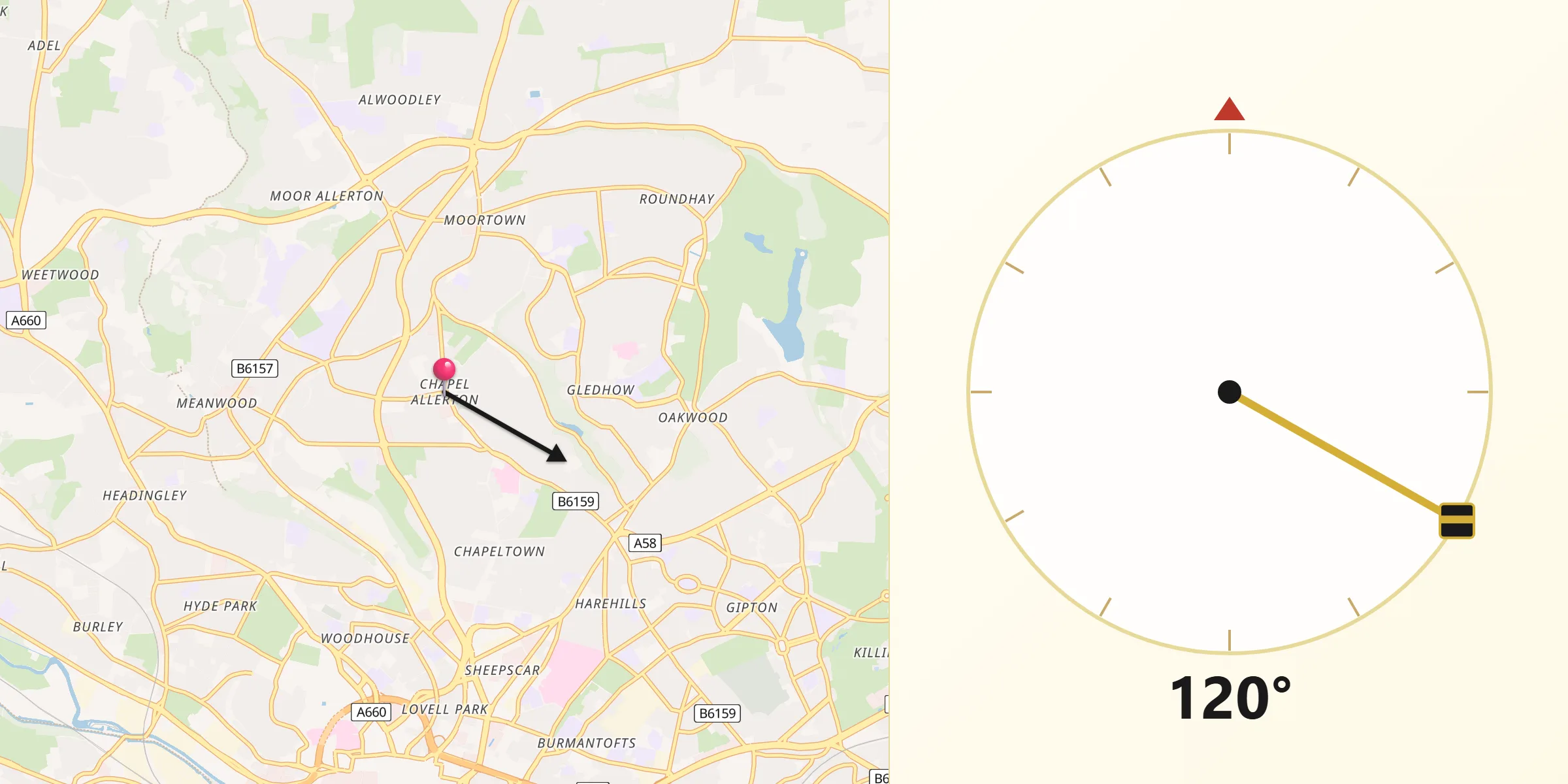 Qibla Direction from Chapel Allerton