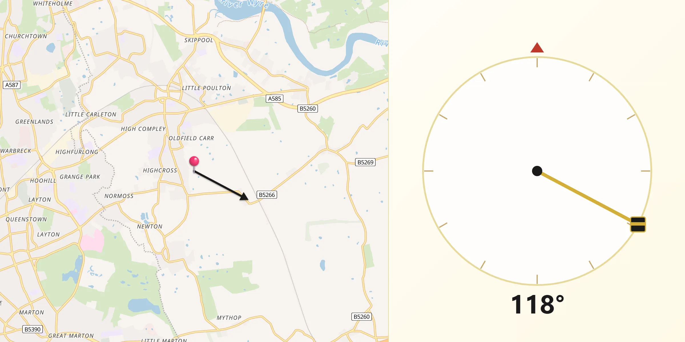 Qibla Direction from Poulton-le-Fylde