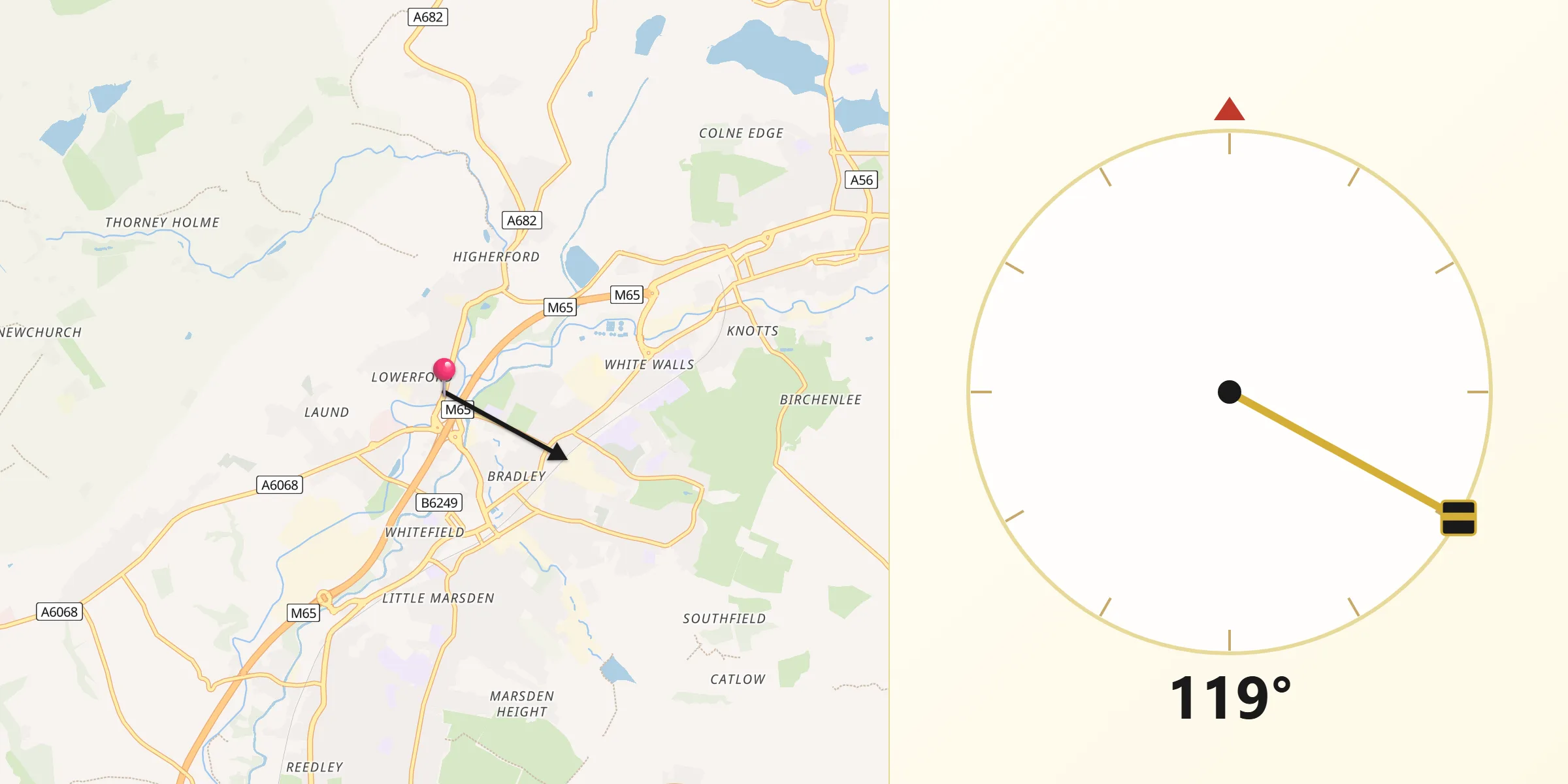 Qibla Direction from Barrowford