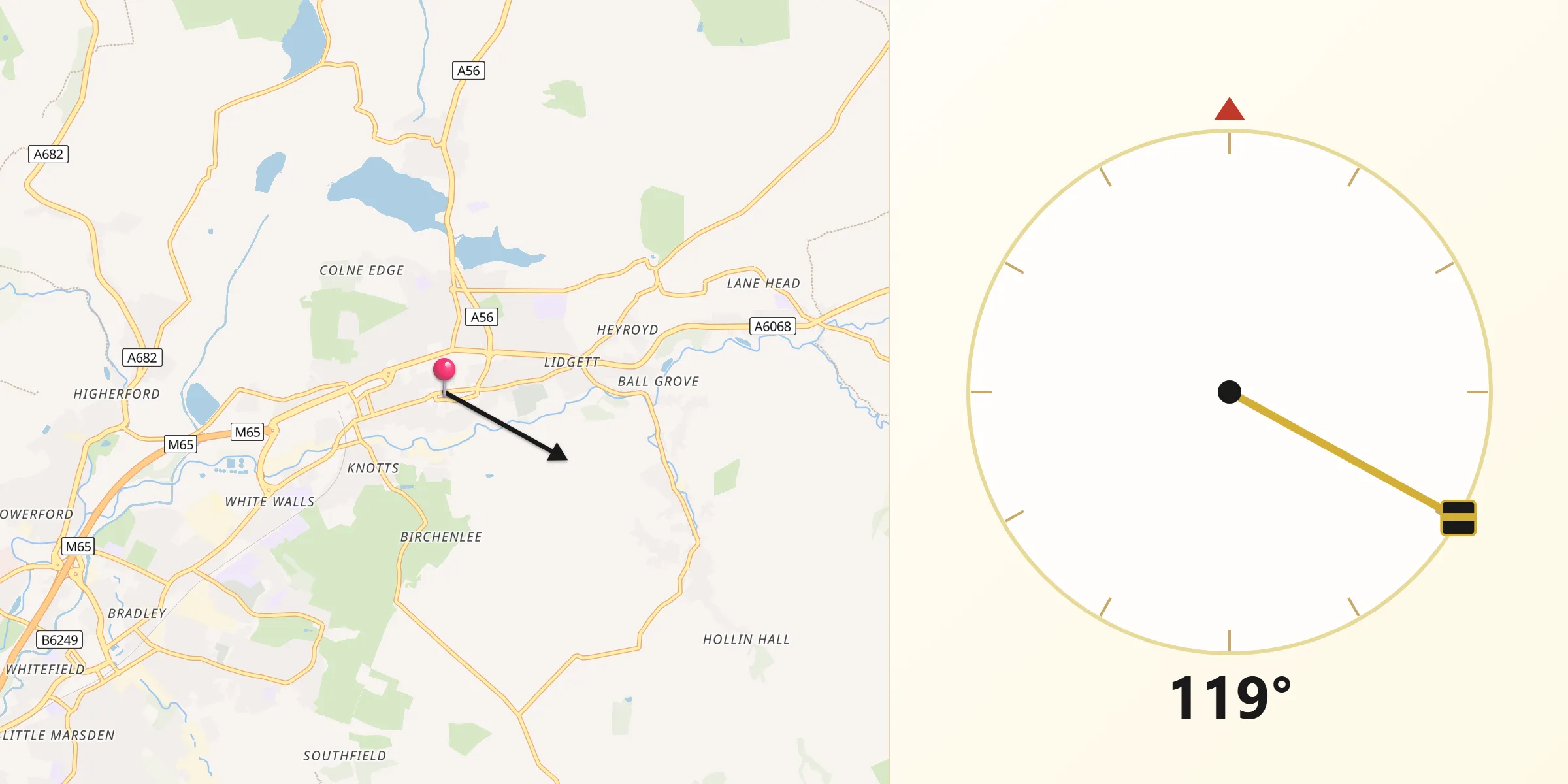 Qibla Direction from Colne