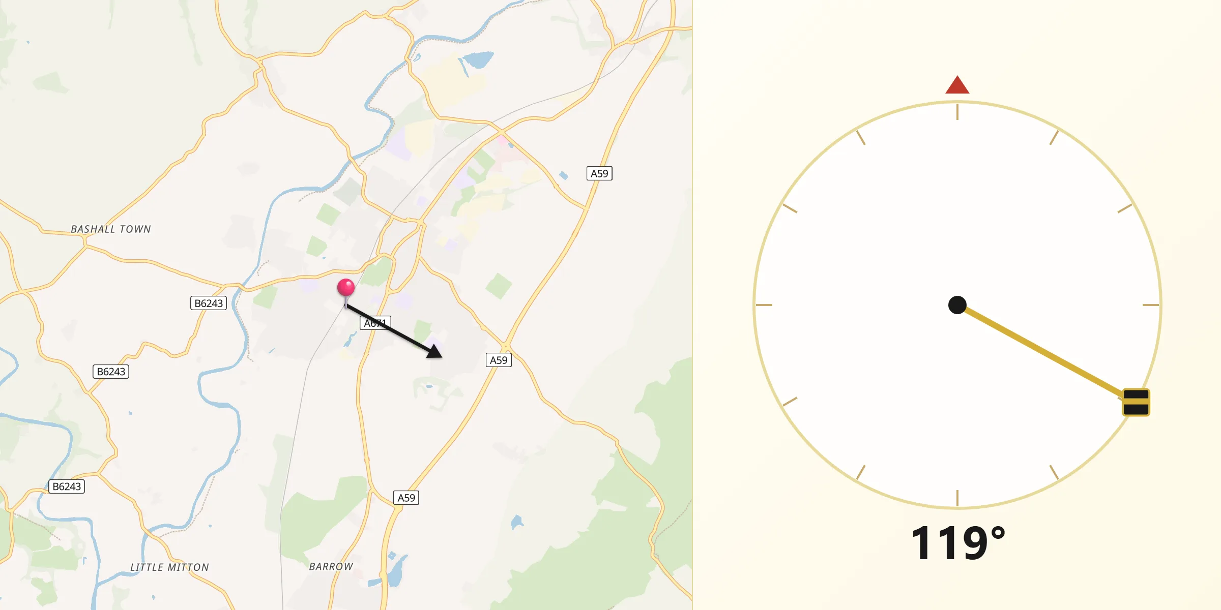 Qibla Direction from Clitheroe