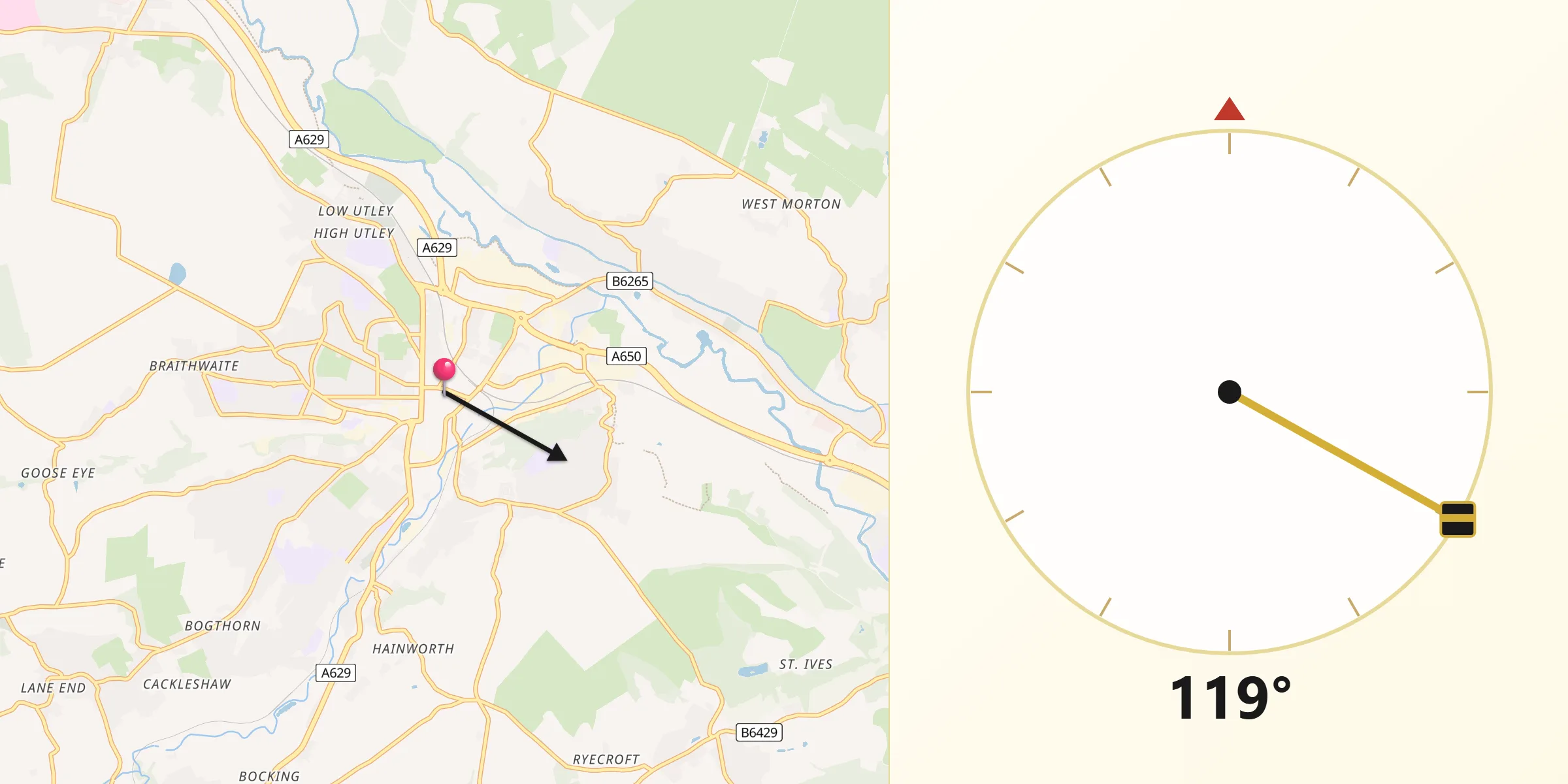 Qibla Direction from Keighley