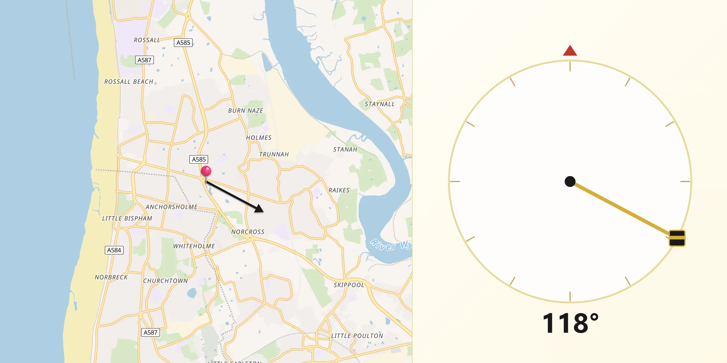 Qibla Direction from Thornton-Cleveleys