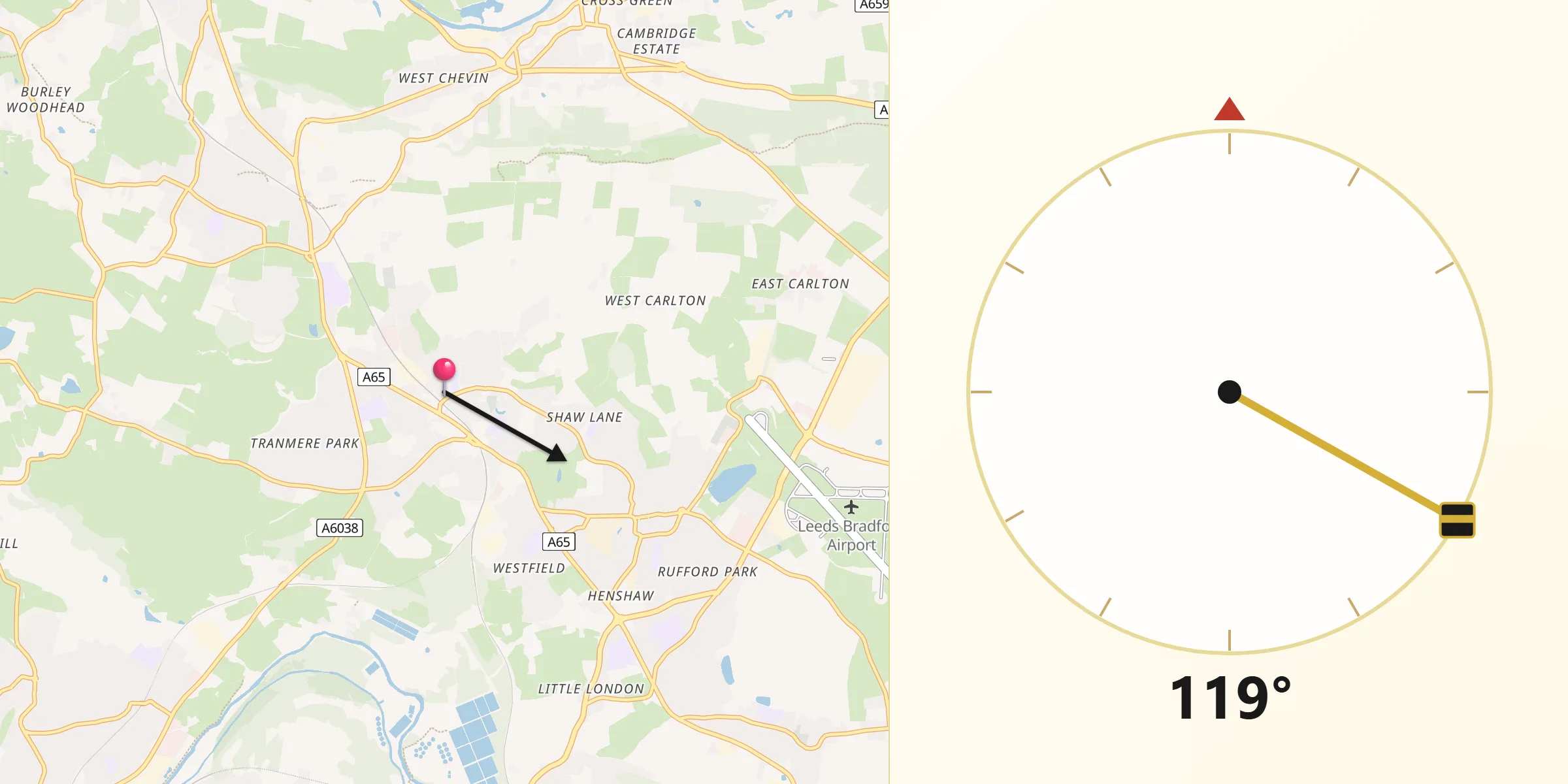Qibla Direction from Guiseley